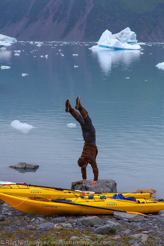 Handstand in Bear Glacier Lagoon