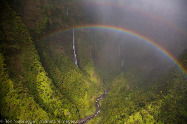 Aerial of a rainbow and waterfalls