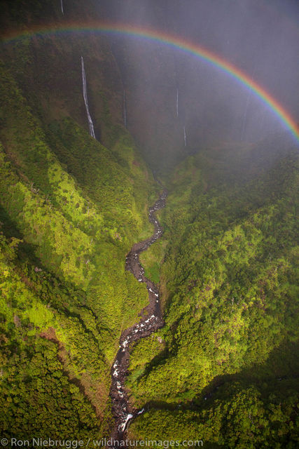 Aerial of a rainbow and waterfalls