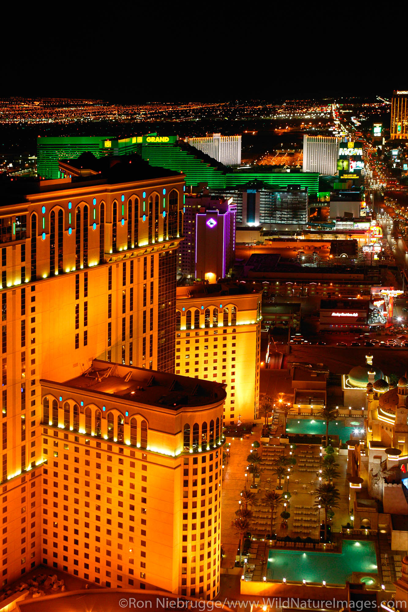 The view of the strip the Aladdin hotel and casino from the Eiffel Tower at the Paris resort hotel and casino in Las Vegas, Nevada...