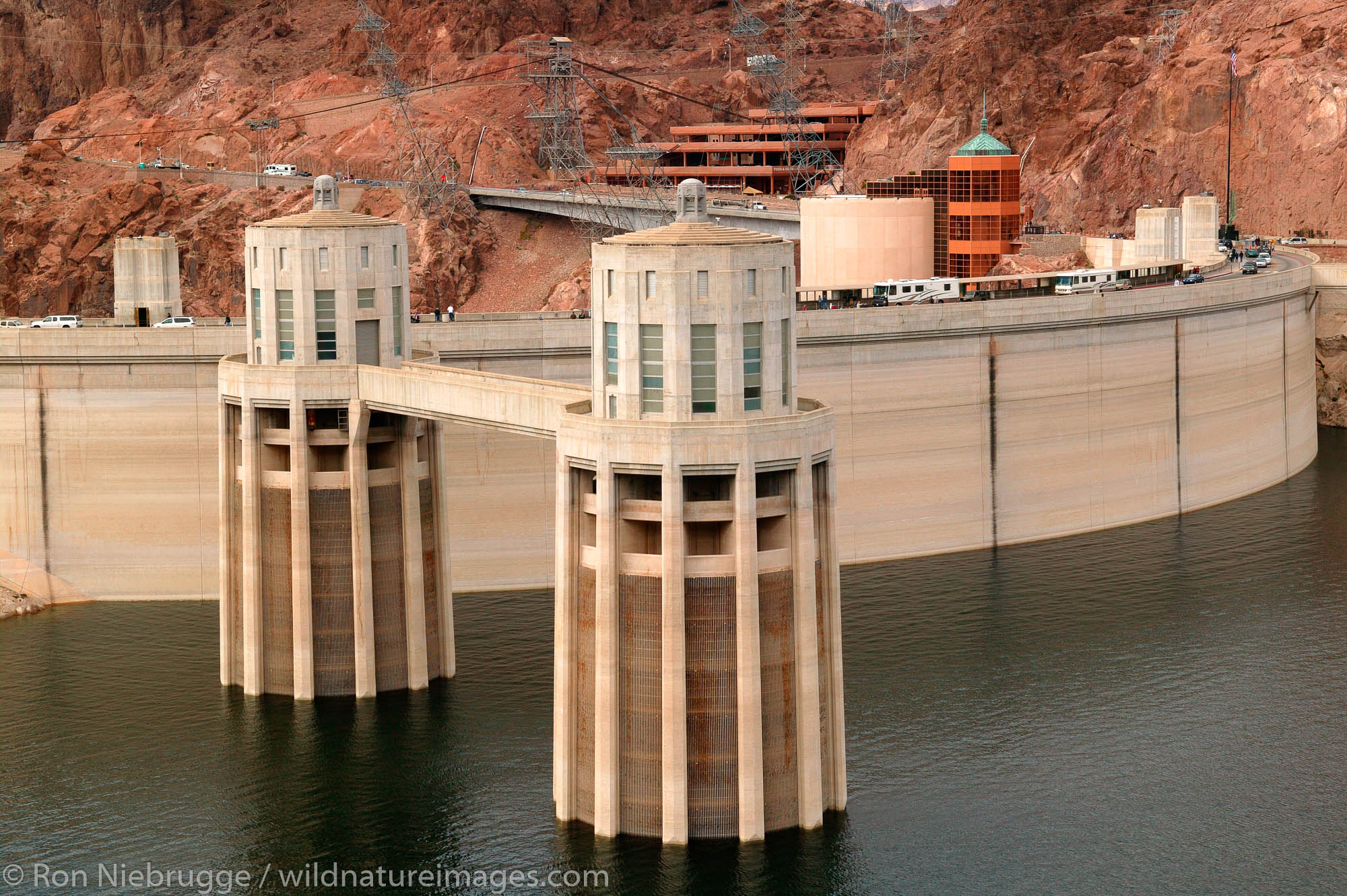 Hover Dam and Lake Mead, from Arizona looking towards Nevada.