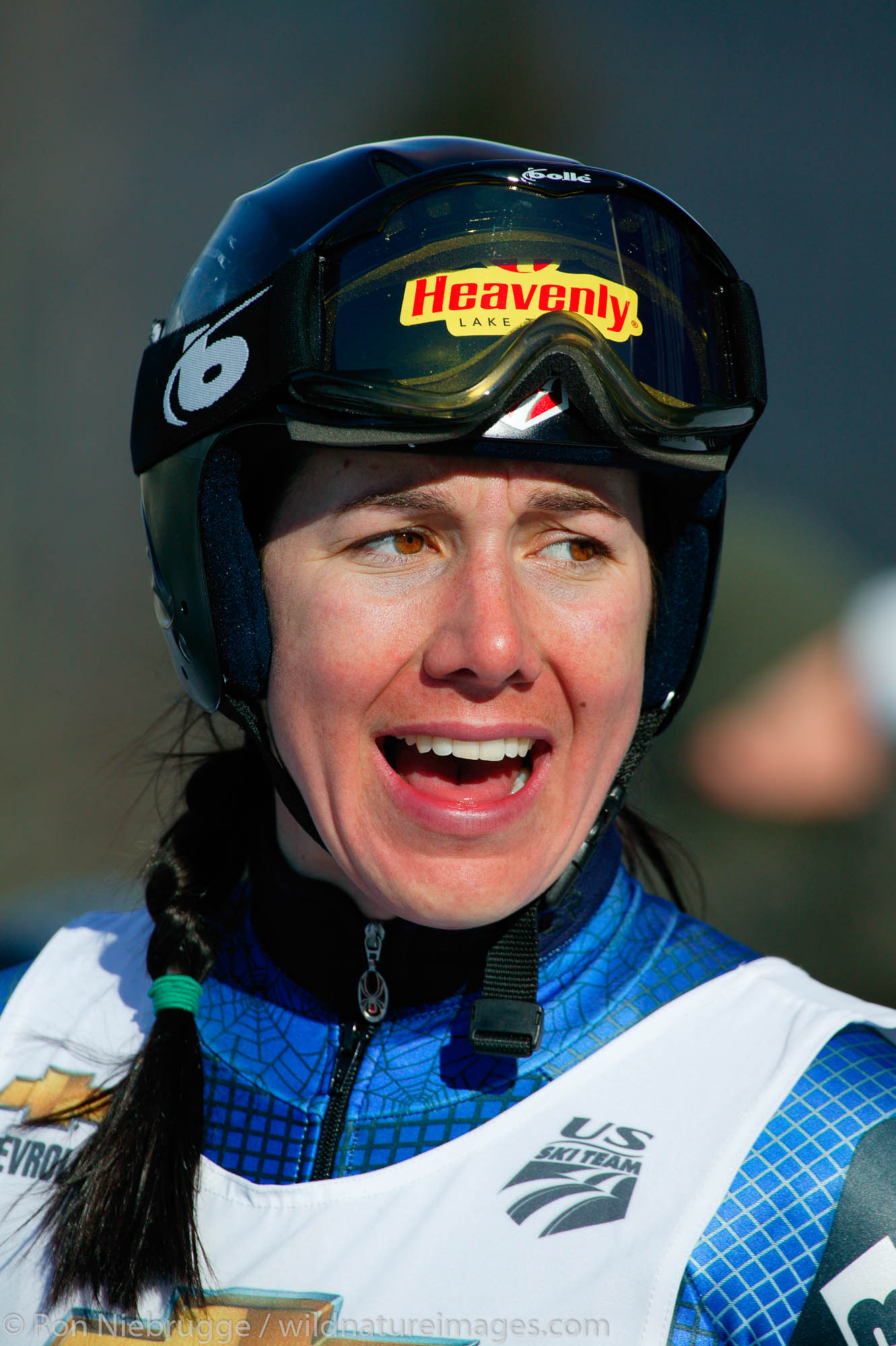 Jonna Mendes reacts to winning the Downhill race during the 2004 Chevrolet U.S. Alpine National Championships, Alyeska Resort...
