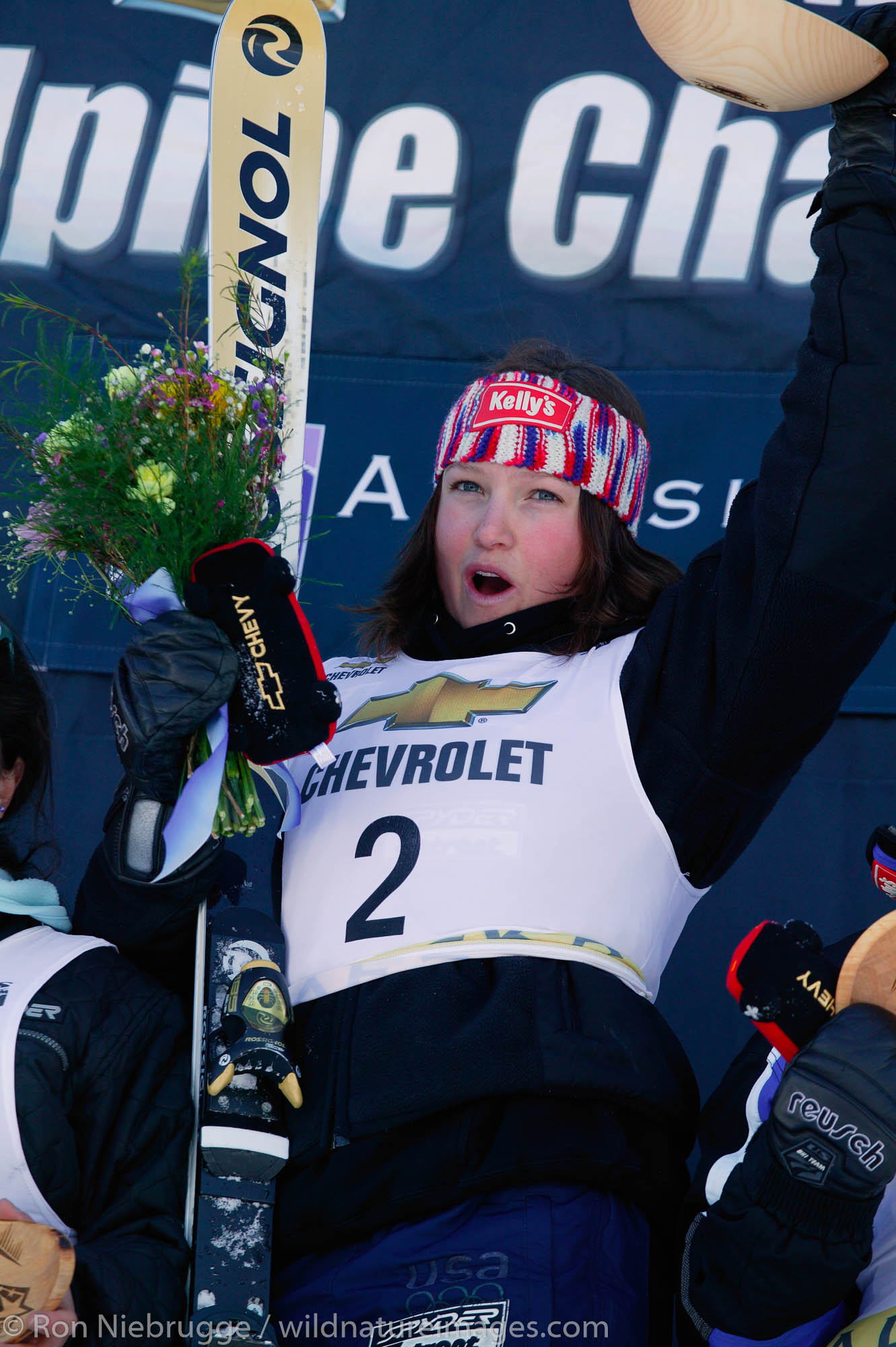 Julia Mancuso at the awards ceremony for the Downhill race during the 2004 Chevrolet U.S. Alpine National Championships, Alyeska...