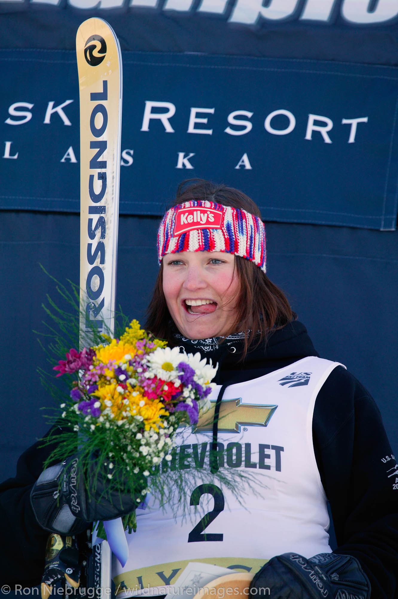 Julia Mancuso at the awards ceremony for the Downhill race during the 2004 Chevrolet U.S. Alpine National Championships, Alyeska...