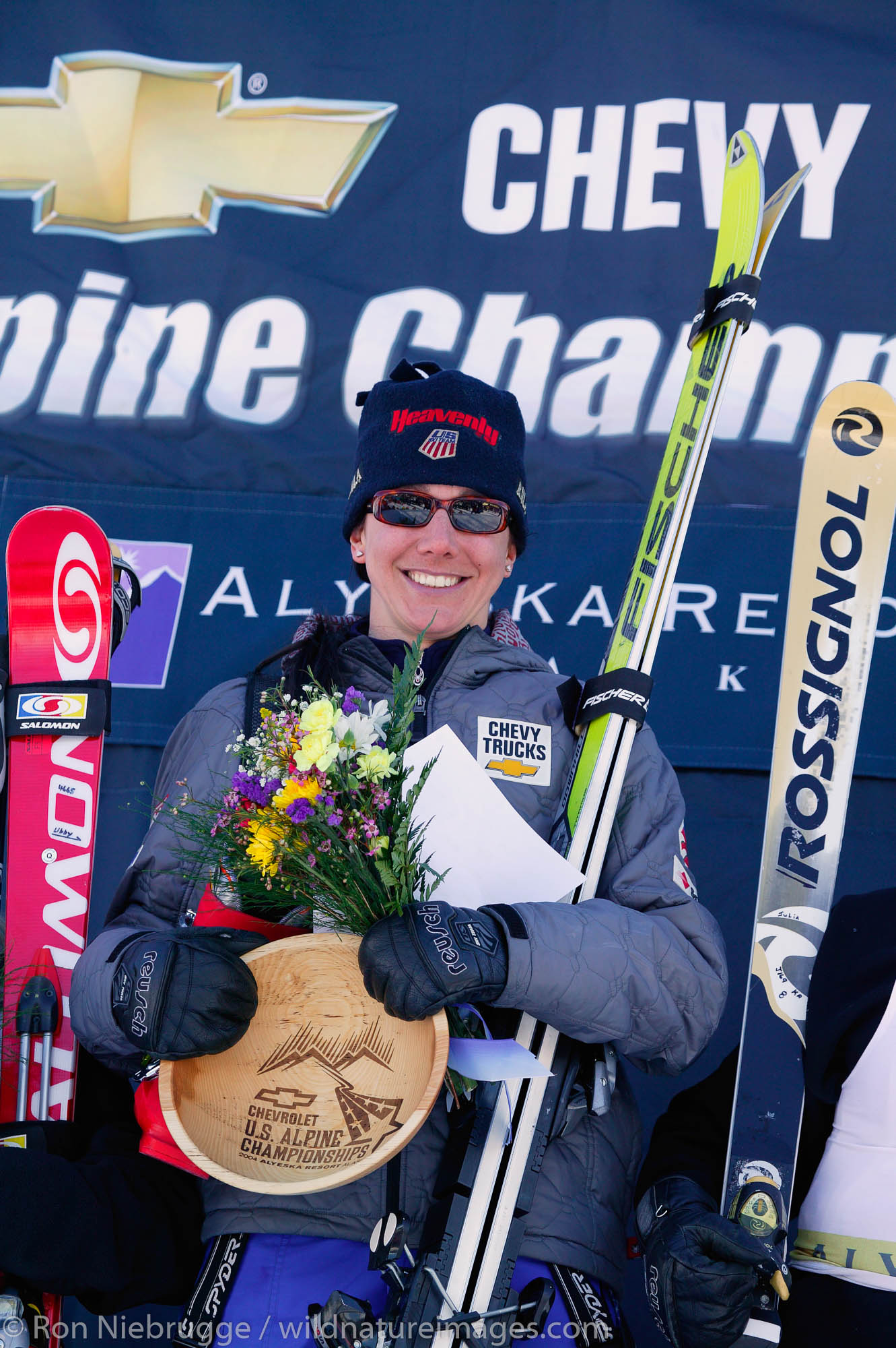 Jonna Mendes (1 st) at the awards ceremony for the Downhill race during the 2004 Chevrolet U.S. Alpine National Championships...