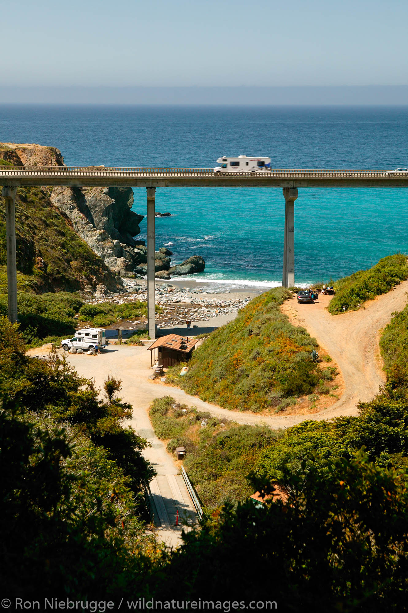 The campground and Highway 1 at Limekiln State Park, Central Coast, Big Sur, California.
