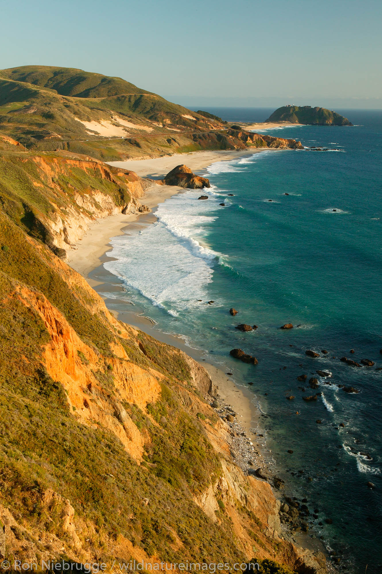 The Point Sur Lighthouse from the Hurricane Point area along Highway 1 along the Central Coast, Big Sur, California.