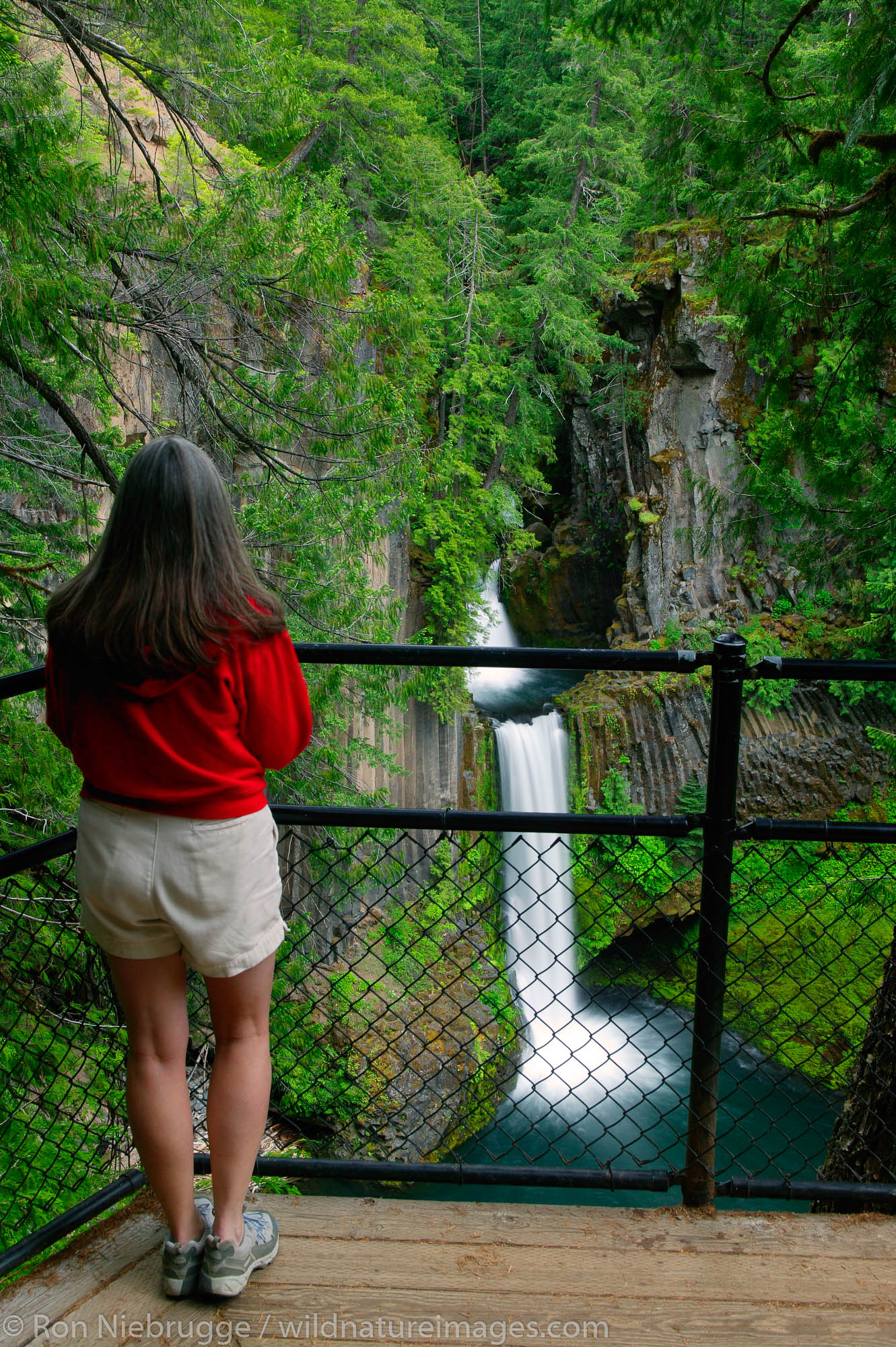 A visitor (MR) views the Toketee Falls in the Umpqua National Forest, Oregon