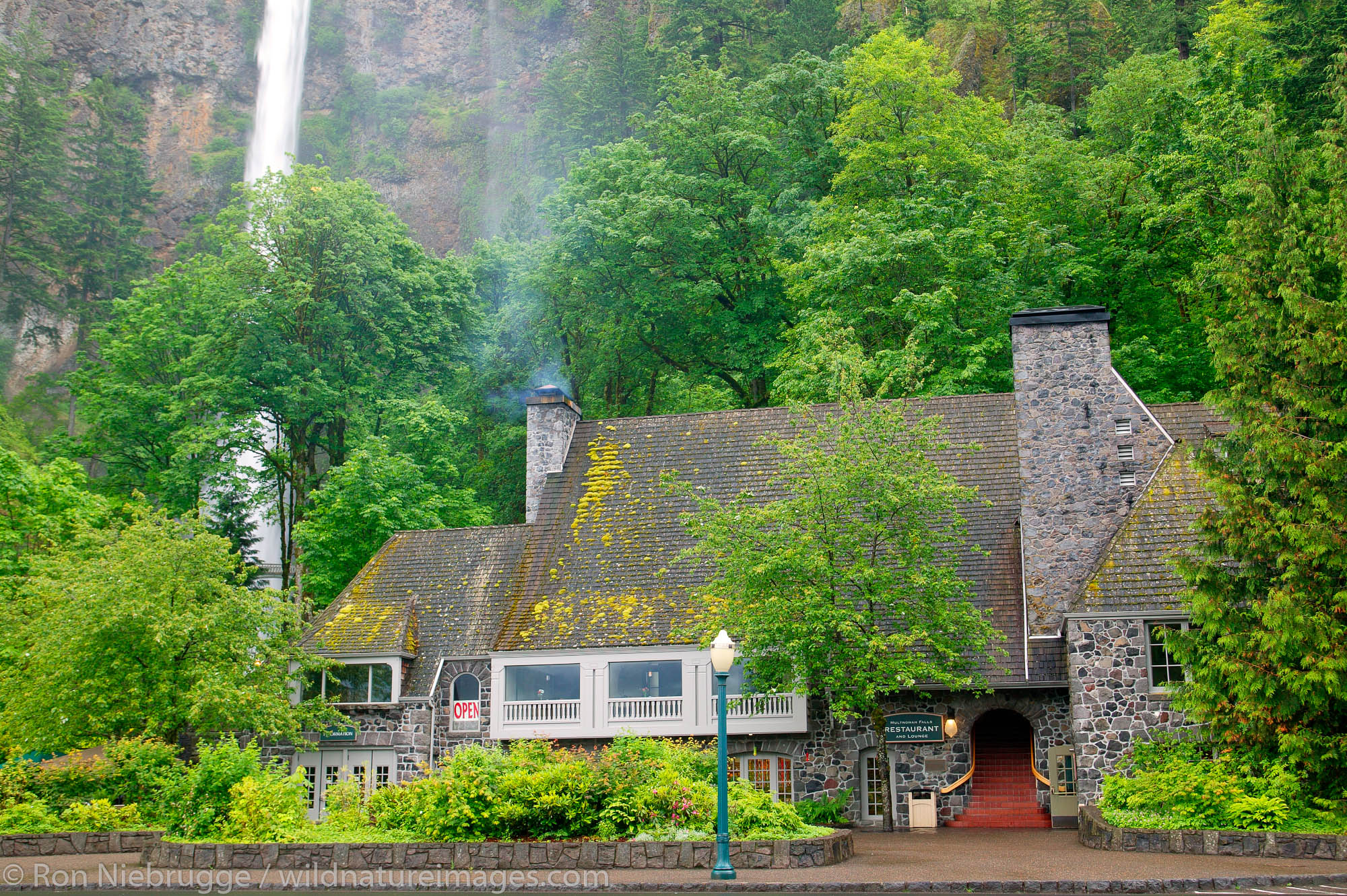 The Multnomah Falls Lodge and U.S. Forest Service Information Center at the Multnomah Falls, Columbia River Gorge National Scenic...