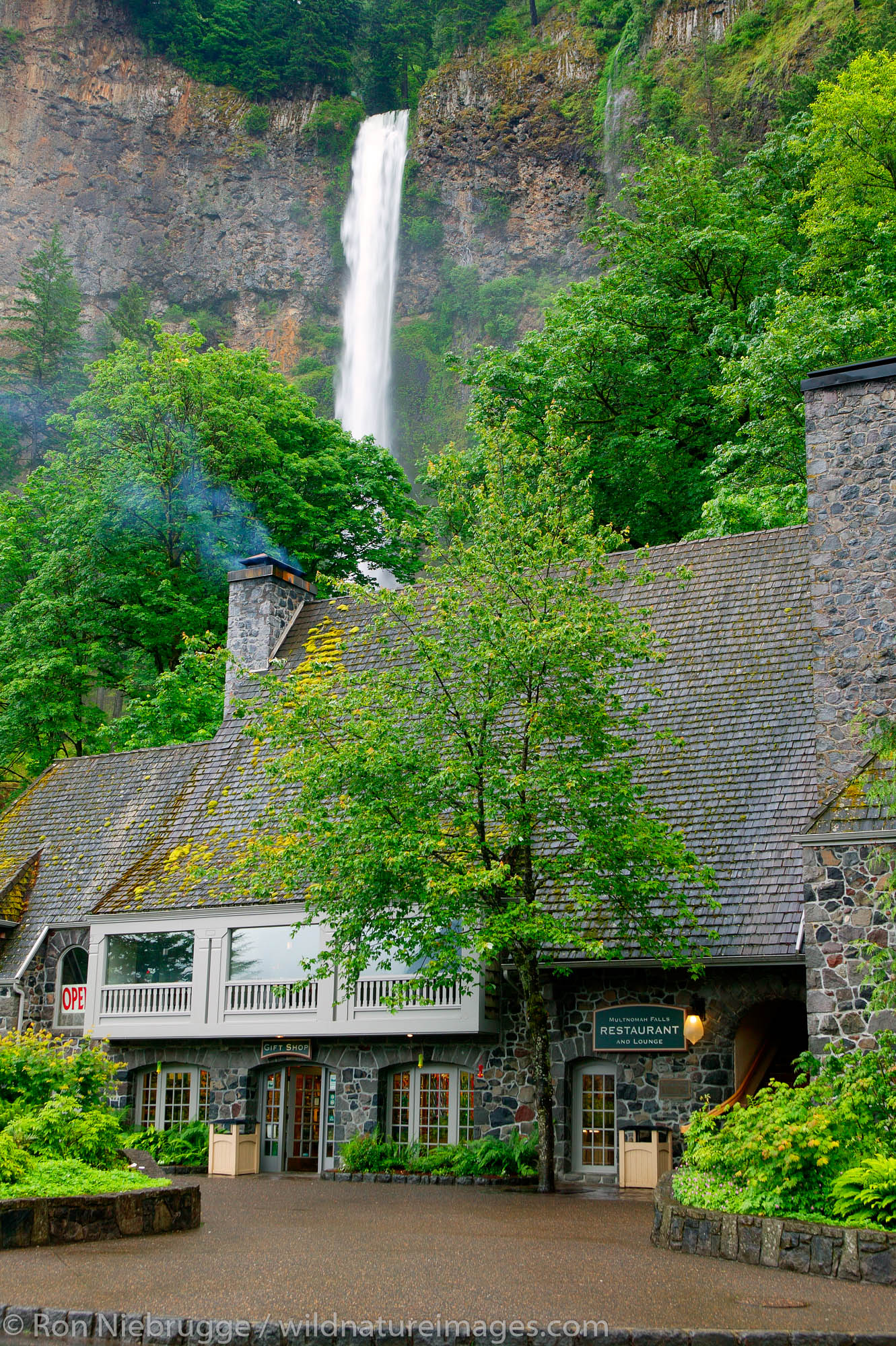 The Multnomah Falls Lodge and U.S. Forest Service Information Center at the Multnomah Falls, Columbia River Gorge National Scenic...