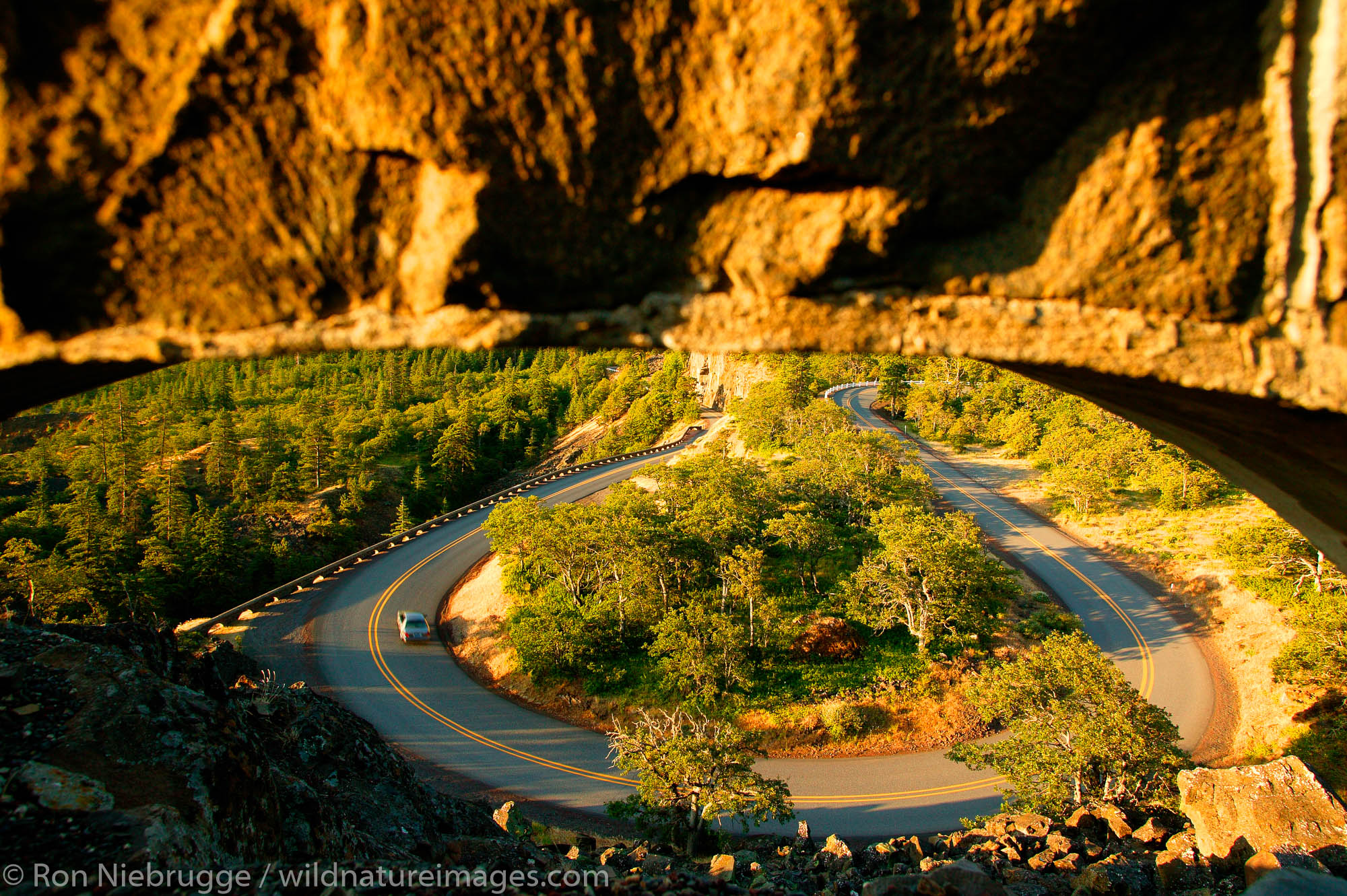 The view through the rock guard rail arch at the Rowena Loops on the Historic Columbia River Highway,  Columbia River Gorge National...