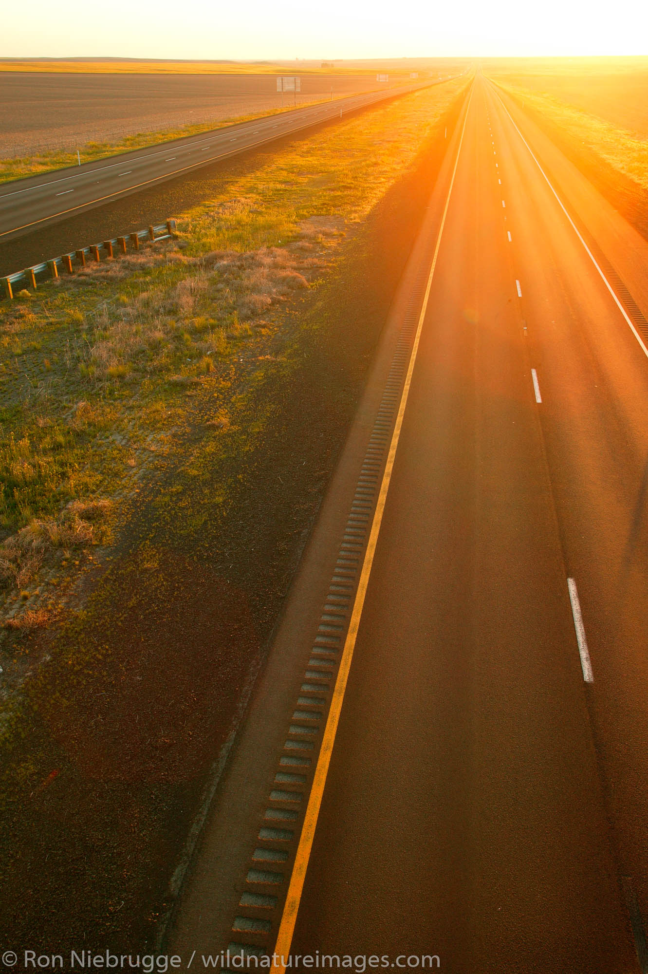 Trucks on Interstate 90 pass through farmland near Ritzville in Eastern Washington.