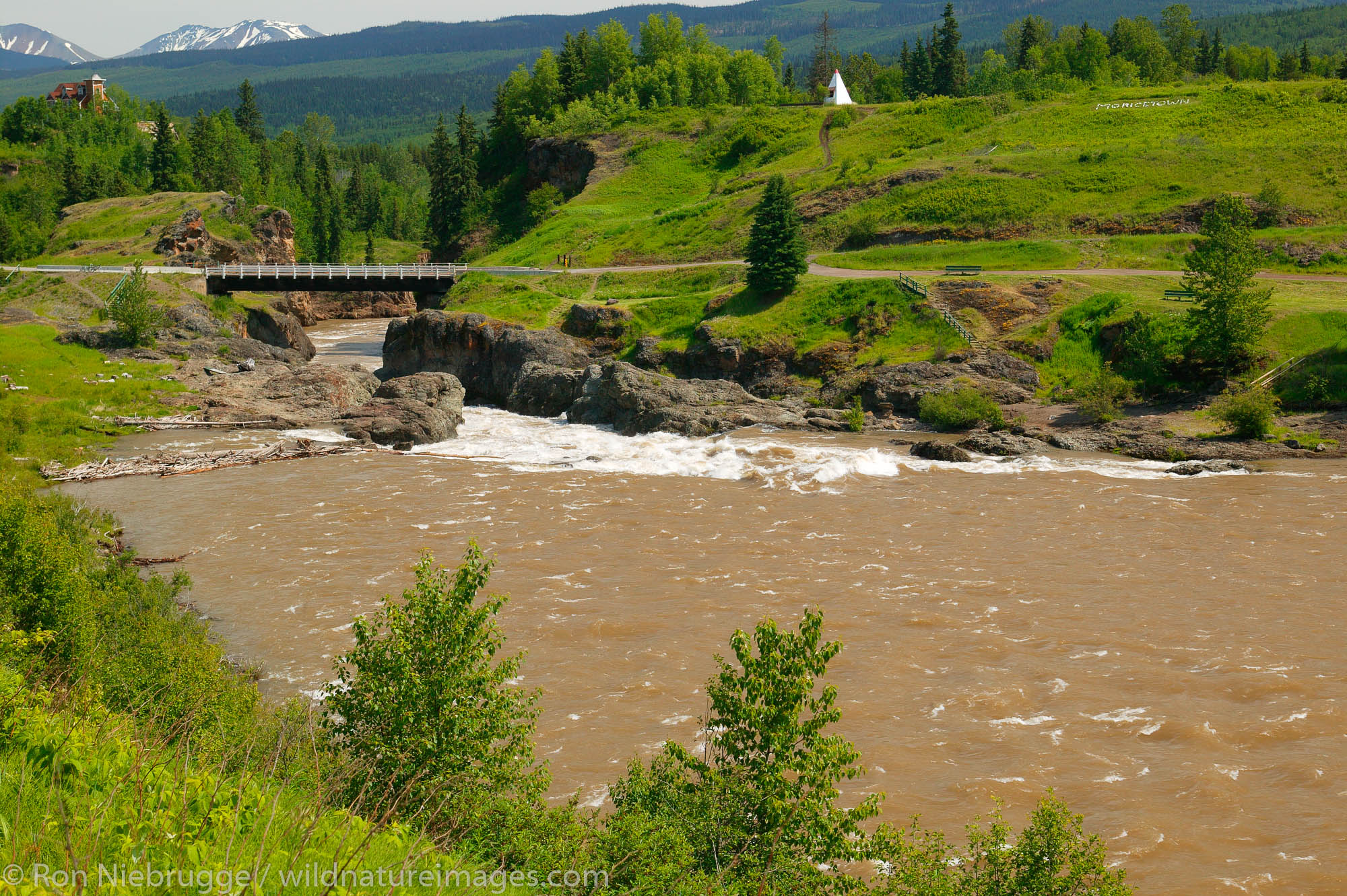 Moricetown Canyon and falls, a famous First Nation's fishing spot on the Bulkley River, along the Yellowhead Highway, Smithers...