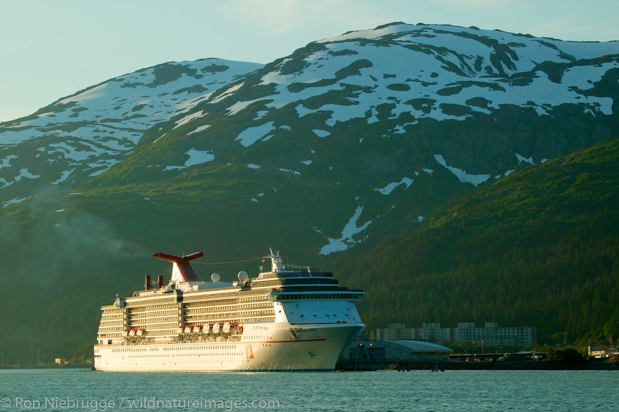 The Carnival Spirit cruiseship at the new (2004) cruiseship terminal in Whittier, Alaska.