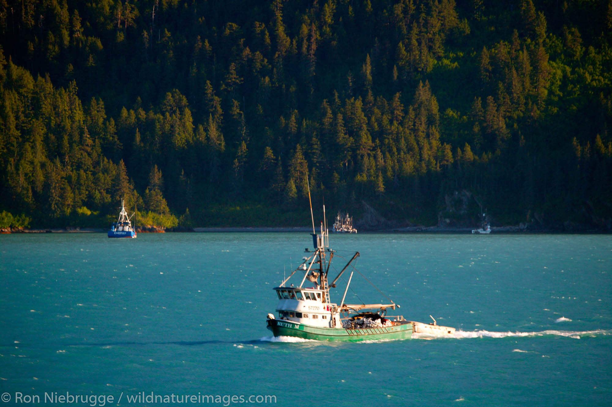 Fishing vessel in the Valdez Narrows from the Alaska State Ferry Aurora, Prince William Sound, Alaska.