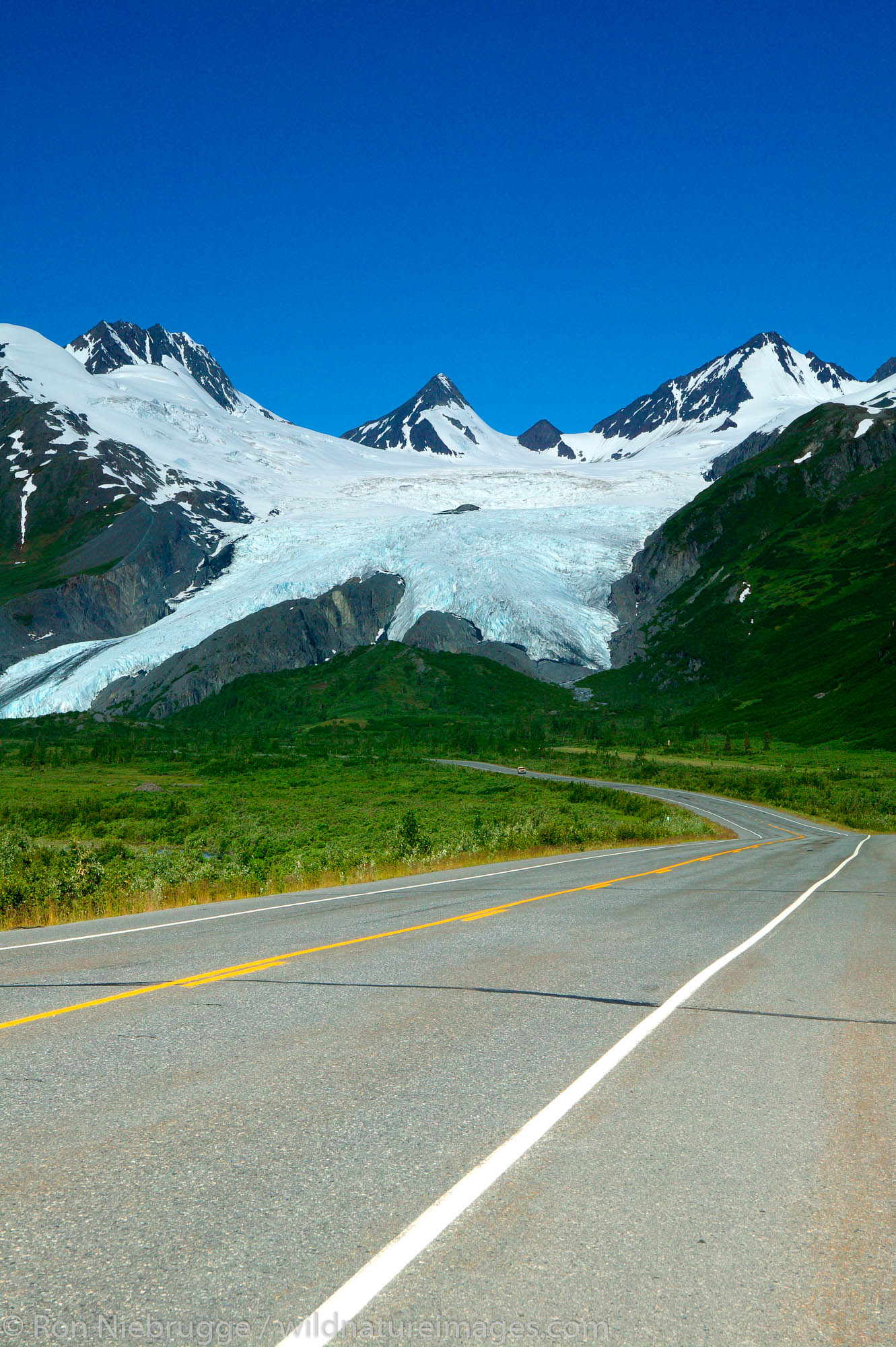 The Richardson Highway travels through the Chugach Mountains and Chugach National Forest as it passes over Thompson Pass on the...