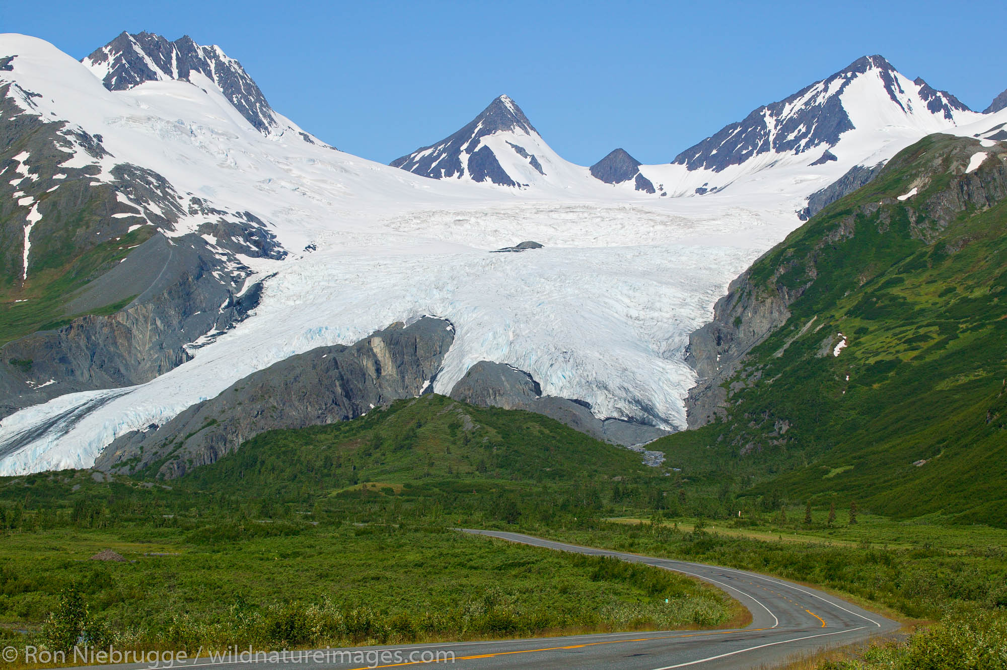 The Richardson Highway travels through she Chugach Mountains and Chugach National Forest as it passes over Thompson Pass on the...