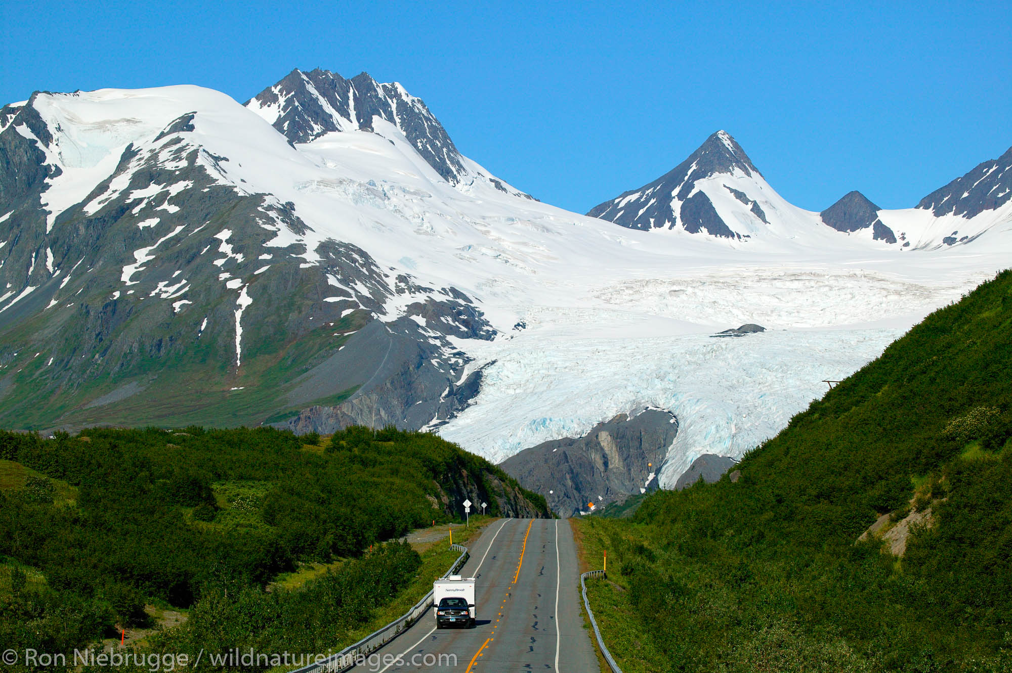The RV's on the Richardson Highway travel through the Chugach Mountains and Chugach National Forest as it passes over Thompson...