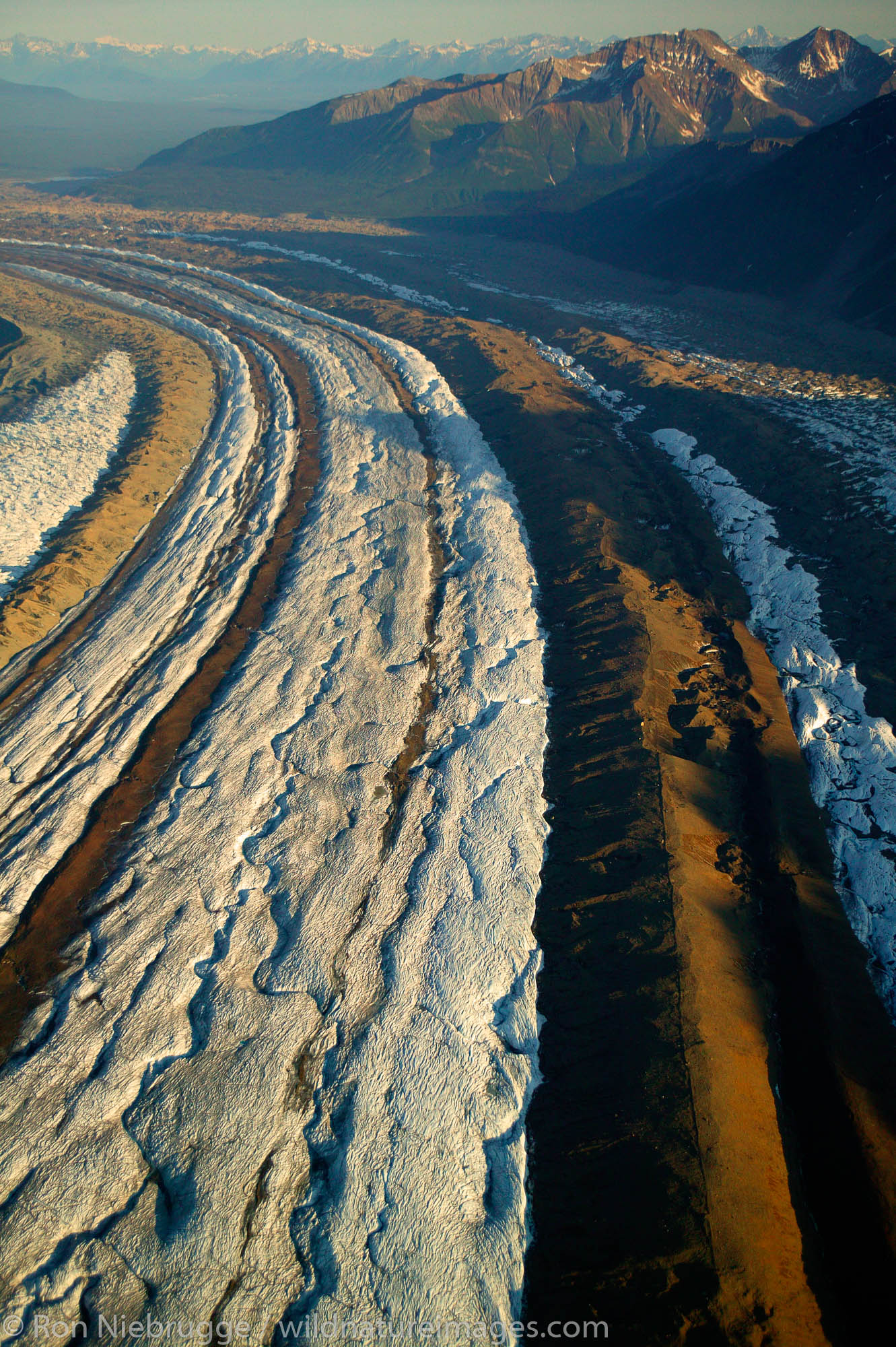 Lateral and medial moraine on the Kennicott Glacier, Wrangell Saint Elias National Park and Preserve, Alaska.