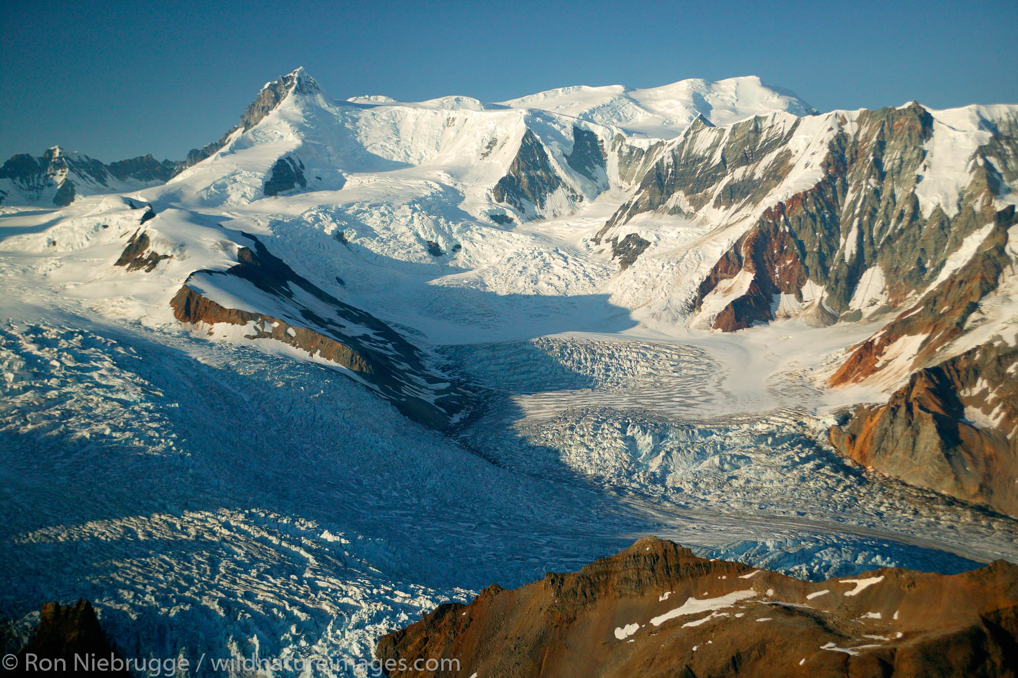 Glaciers flowing down from Regal Moutain (13,845 feet) Wrangell Saint Elias National Park and Preserve, Alaska.