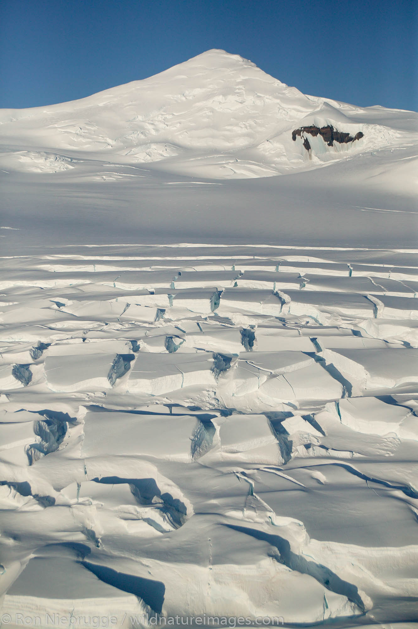 Mountains, snow, cevases and ice around Mount Blackburn (16,390 feet) in Wrangell Saint Elias National Park and Preserve, Alaska...