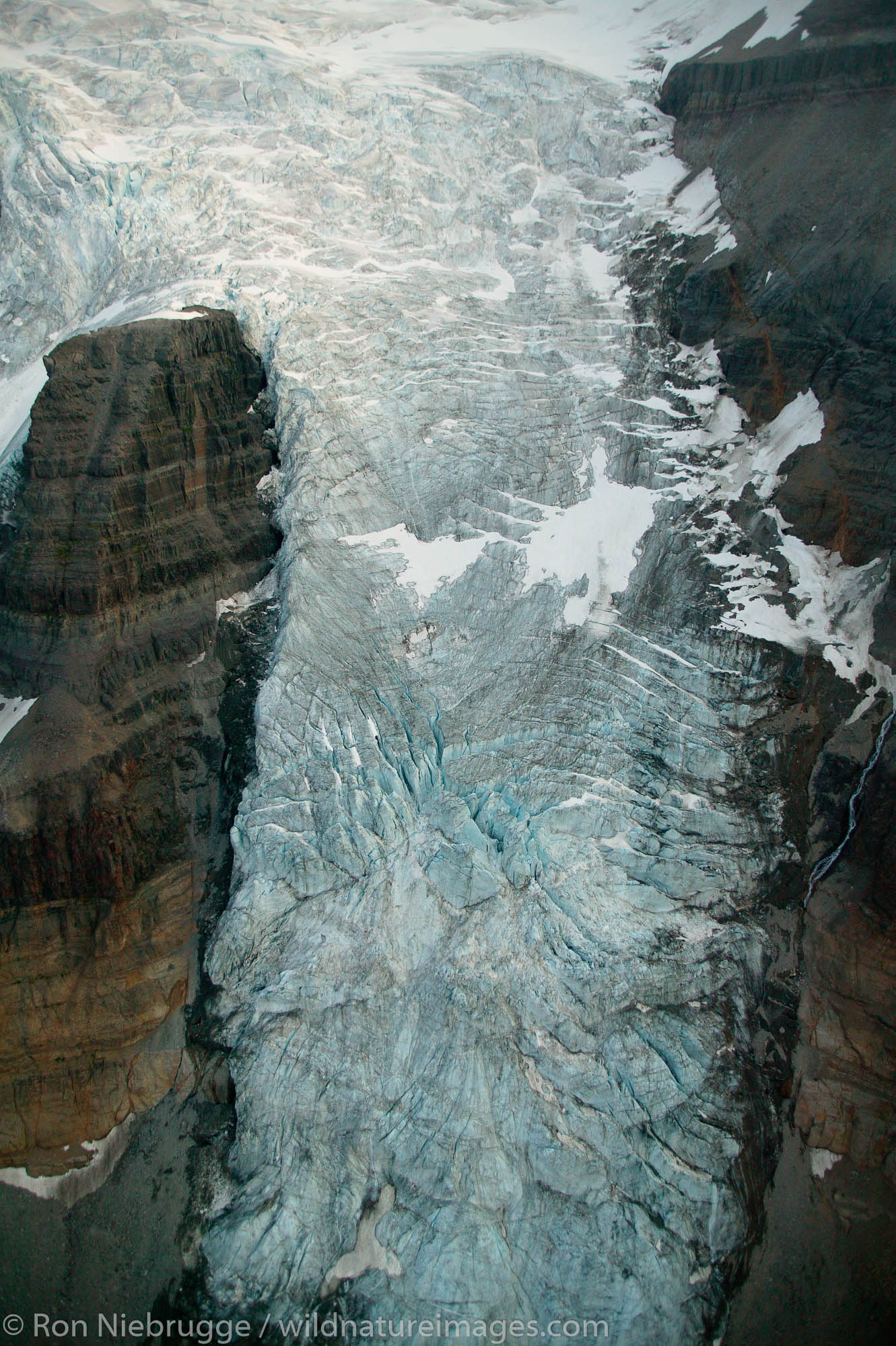 An icefall above the Root Glacier, Wrangell-St. Elias National Park and Preserve, Alaska.