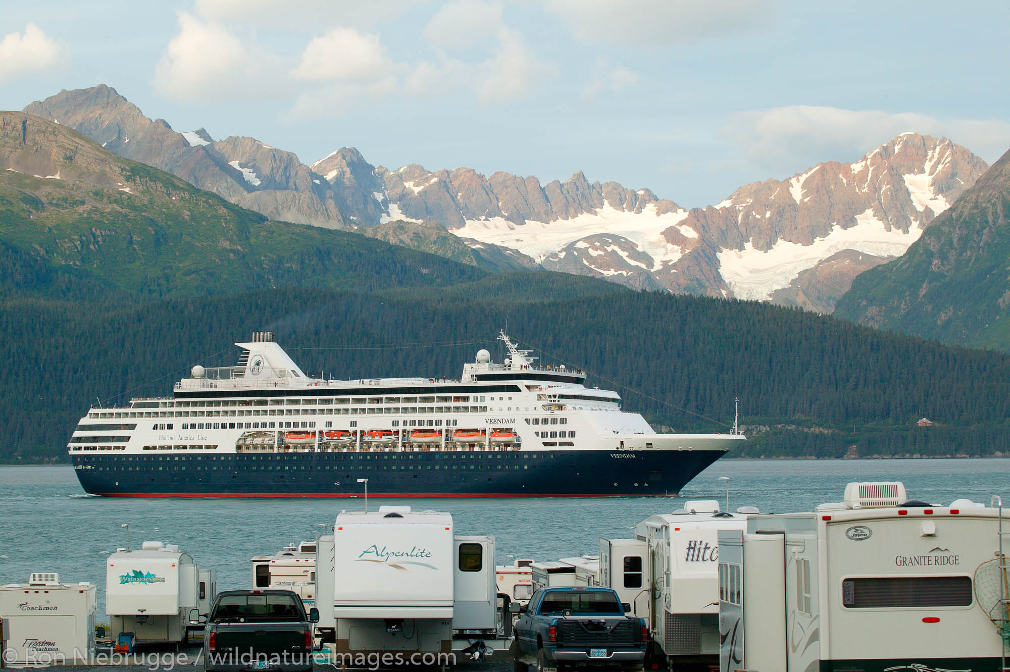 The Holland America cruiseship Veendam in front of the campground in Resurrection Bay, Seward, Alaska.
