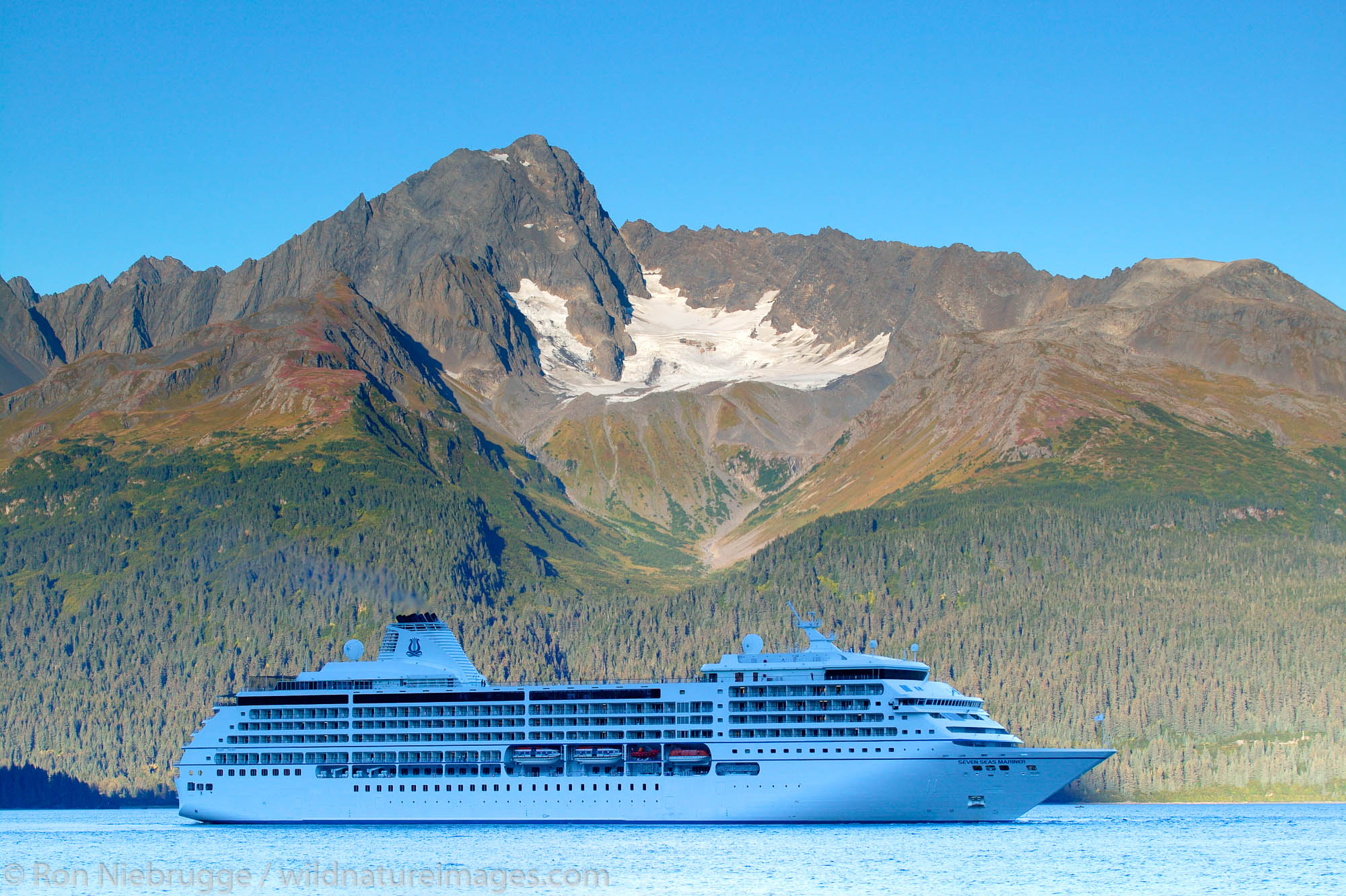 The Radisson Seven Seas Cruises ship Seven Seas Mariner in Resurrection Bay, Seward, Alaska.