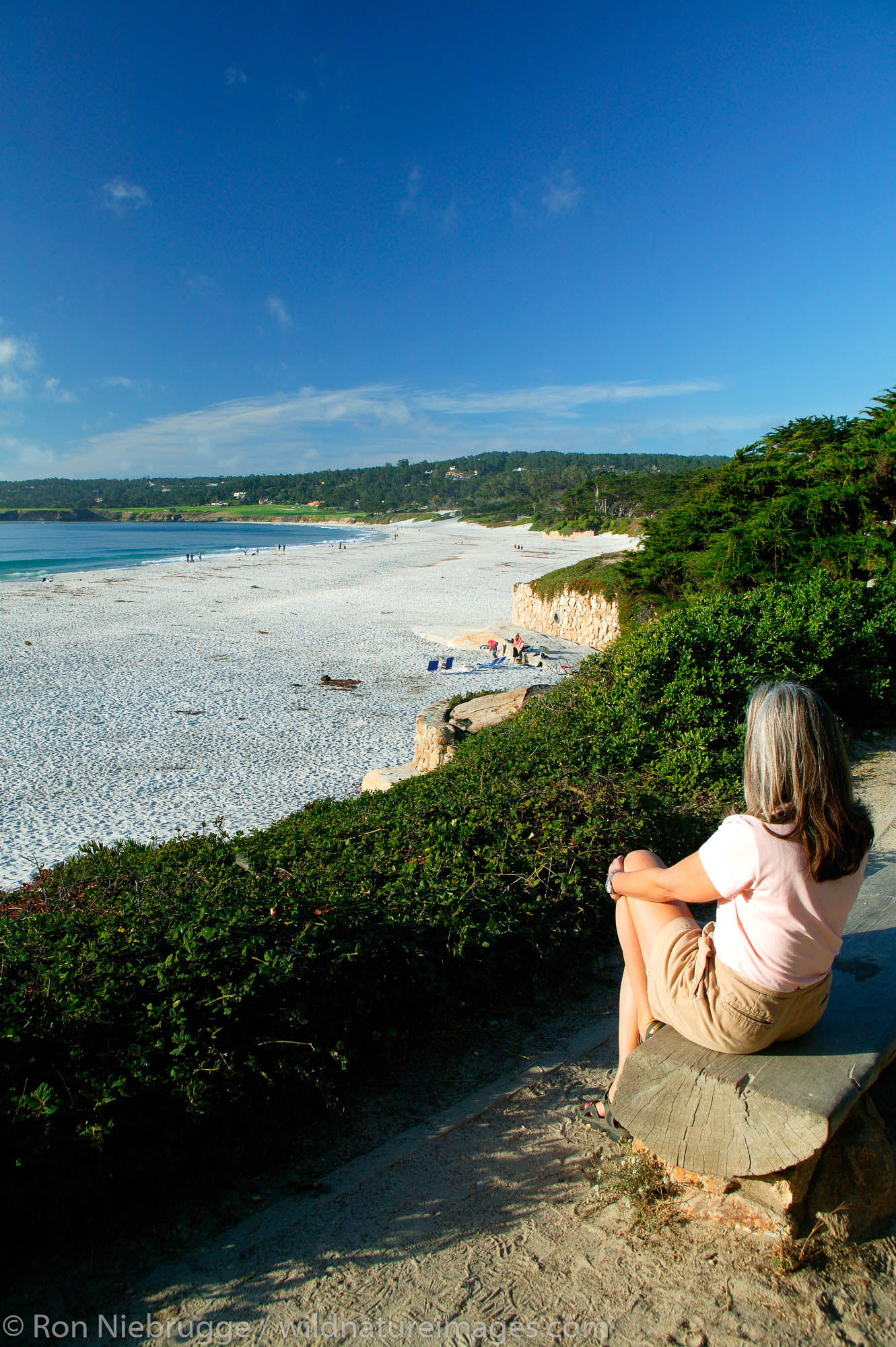 A visitor (mr) enjoys the beach and bay at Carmel By The Sea, California.