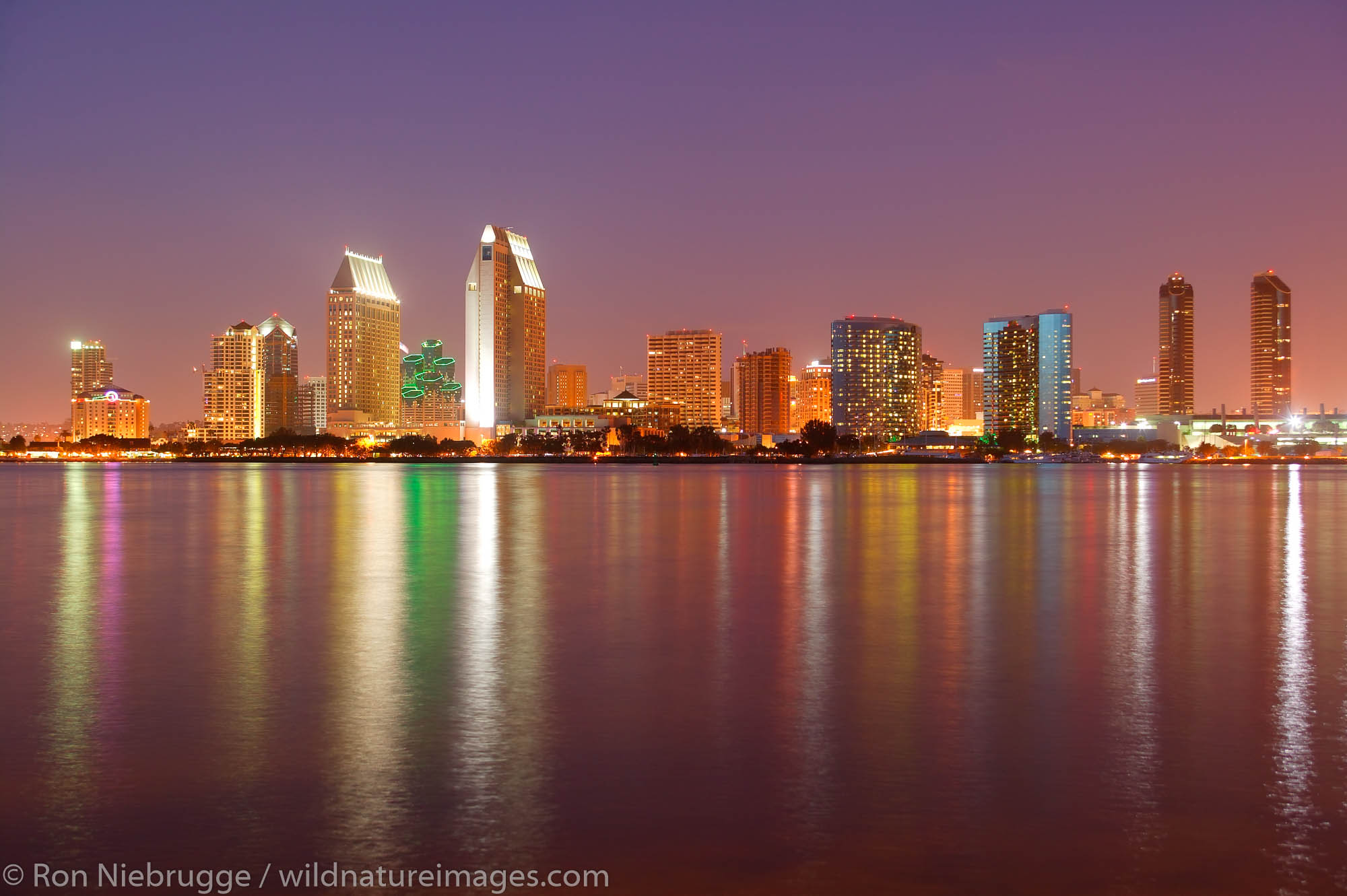 The downtown San Diego skyline at night as viewed from Coronado, San Diego, California.