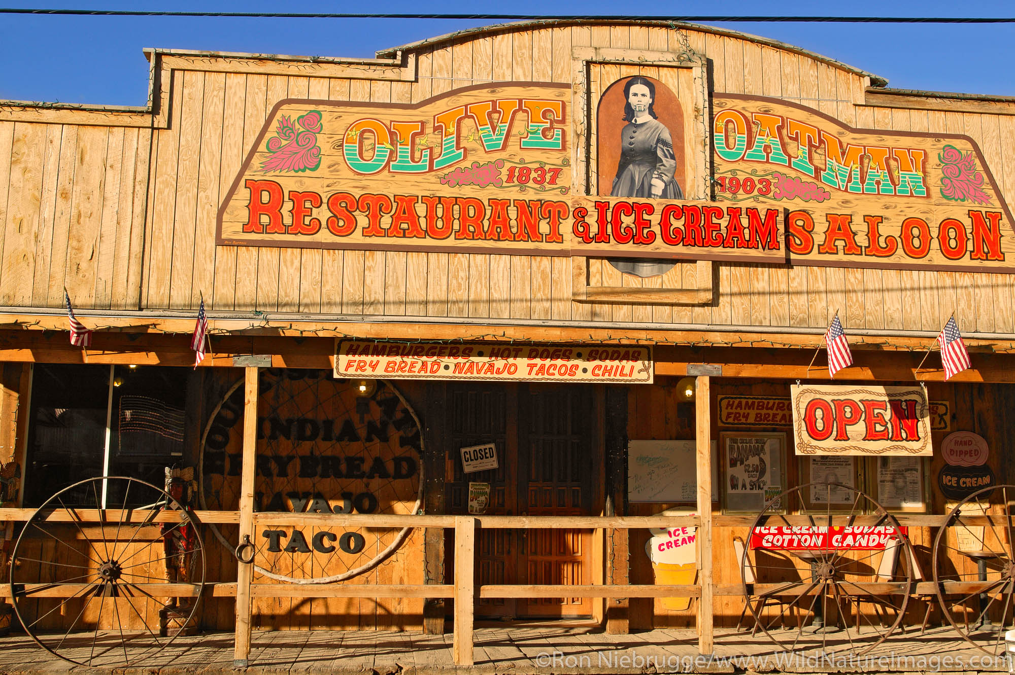The Olive Oatman Restaurant and Saloon, Historic Route 66, and the town Oatman, Arizona.
