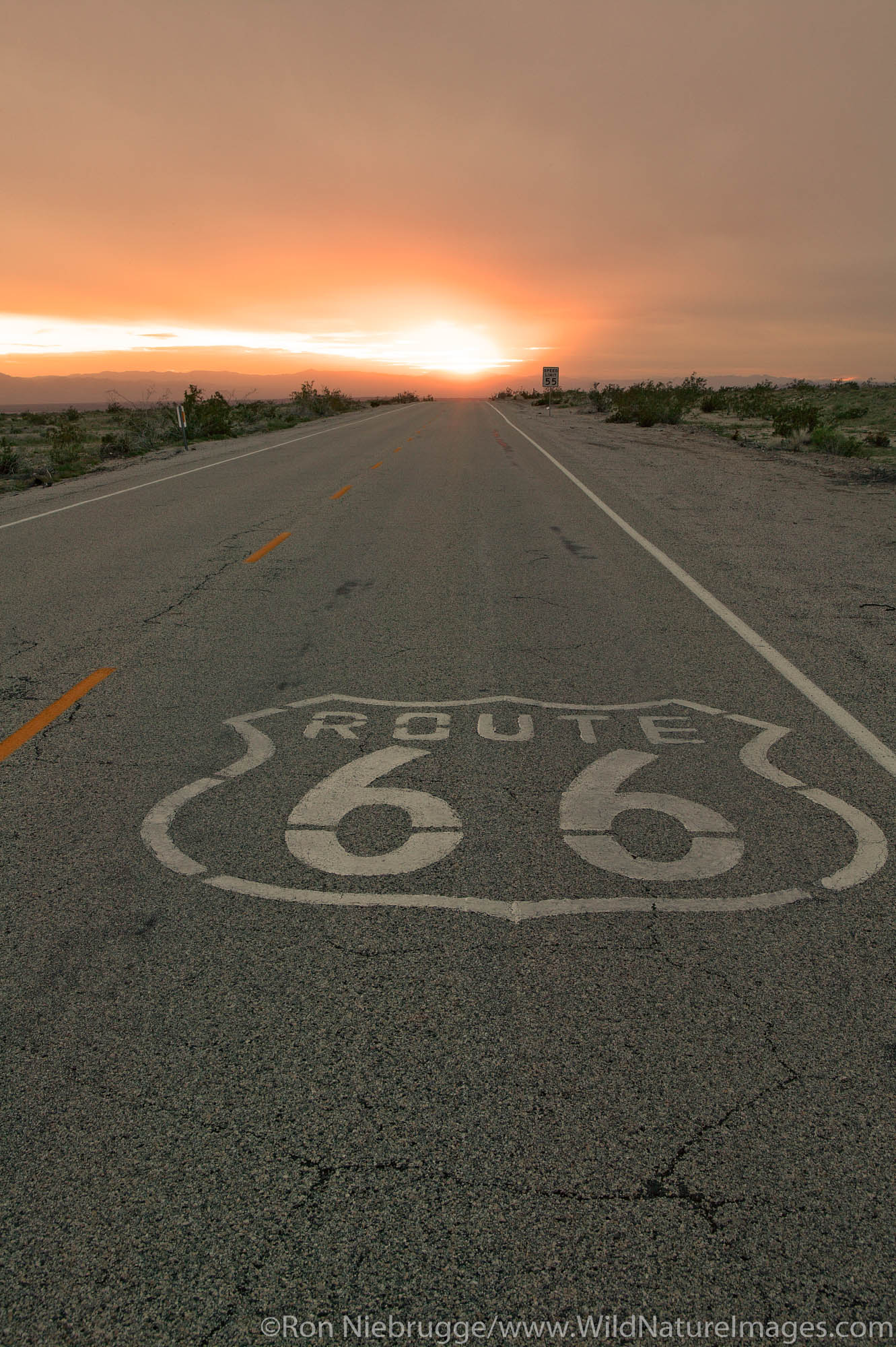 Sunset on Route 66, near Amboy, California.