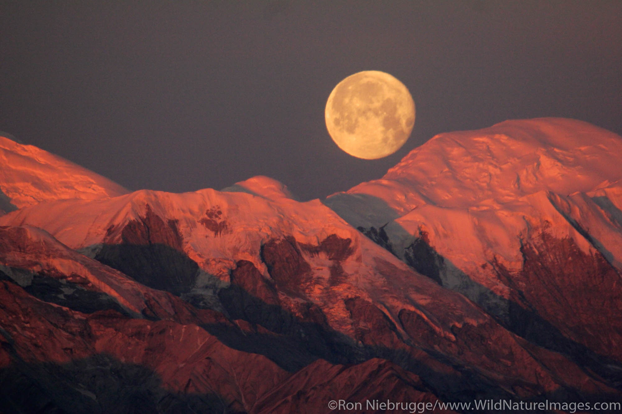 The full moon and Mt. McKinley from Reflection Pond, Denali National Park, Alaska.