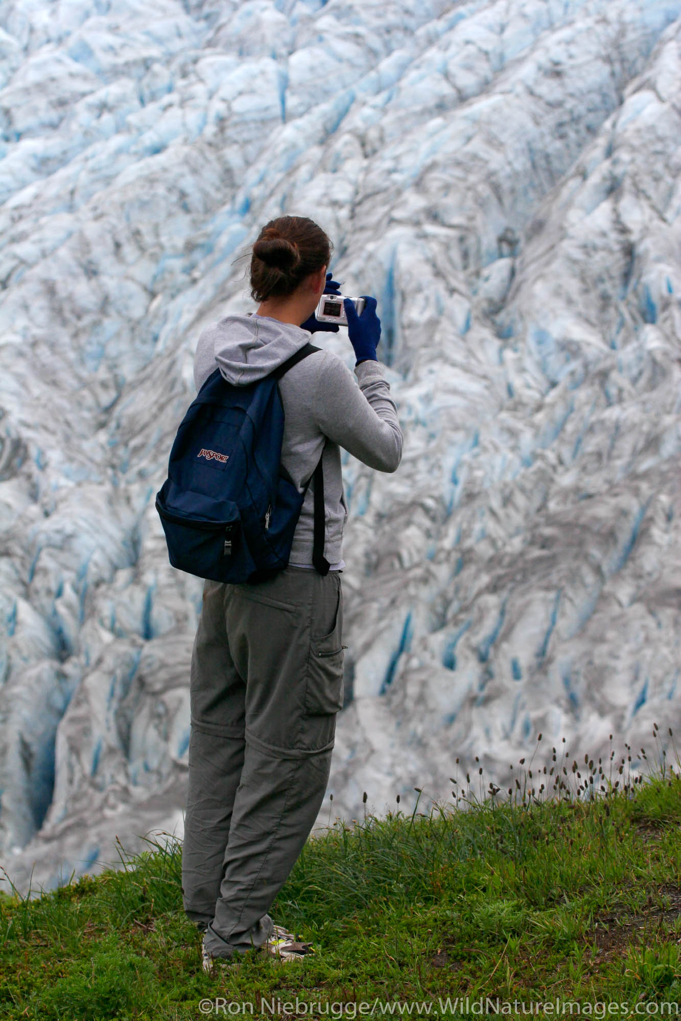 A hiker views Exit Glacier and the Harding Icefield from the Harding Icefield trail, Kenai Fjords National Park, Alaska.