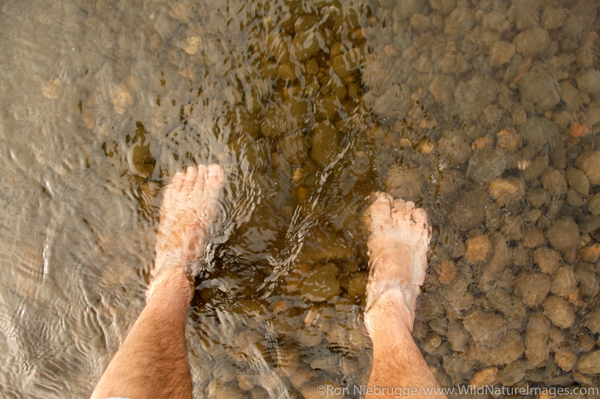 A visitor puts his feet in Prudhoe Bay and the Arctic Ocean at the end of the Dalton Highway, Alaska. (model released)