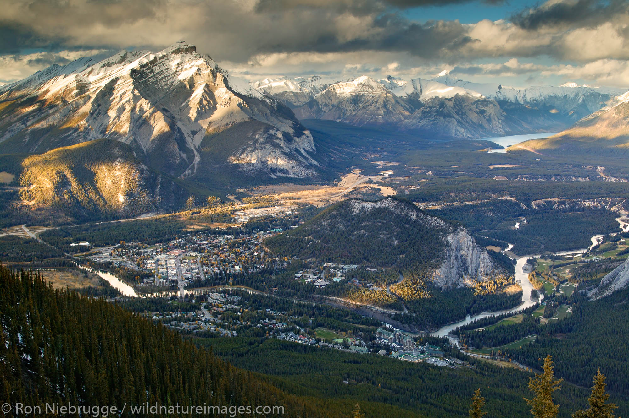 The town of Banff viewed from the Banff Gondola, Banff National Park, Alberta, Canada.