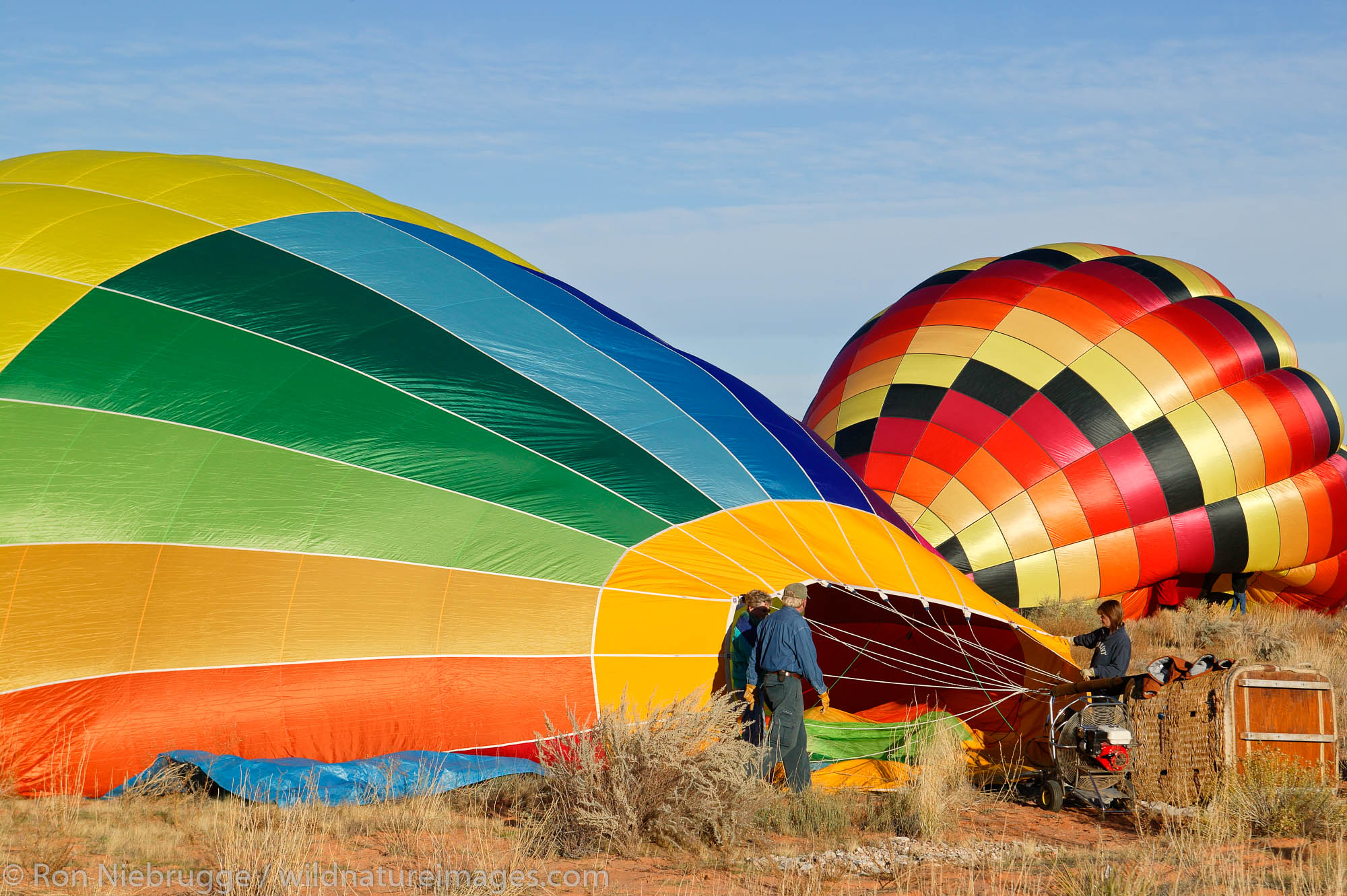 Inflating a hot air ballons at the lake Lake Powell Ballon Regatta, Page, Arizona.