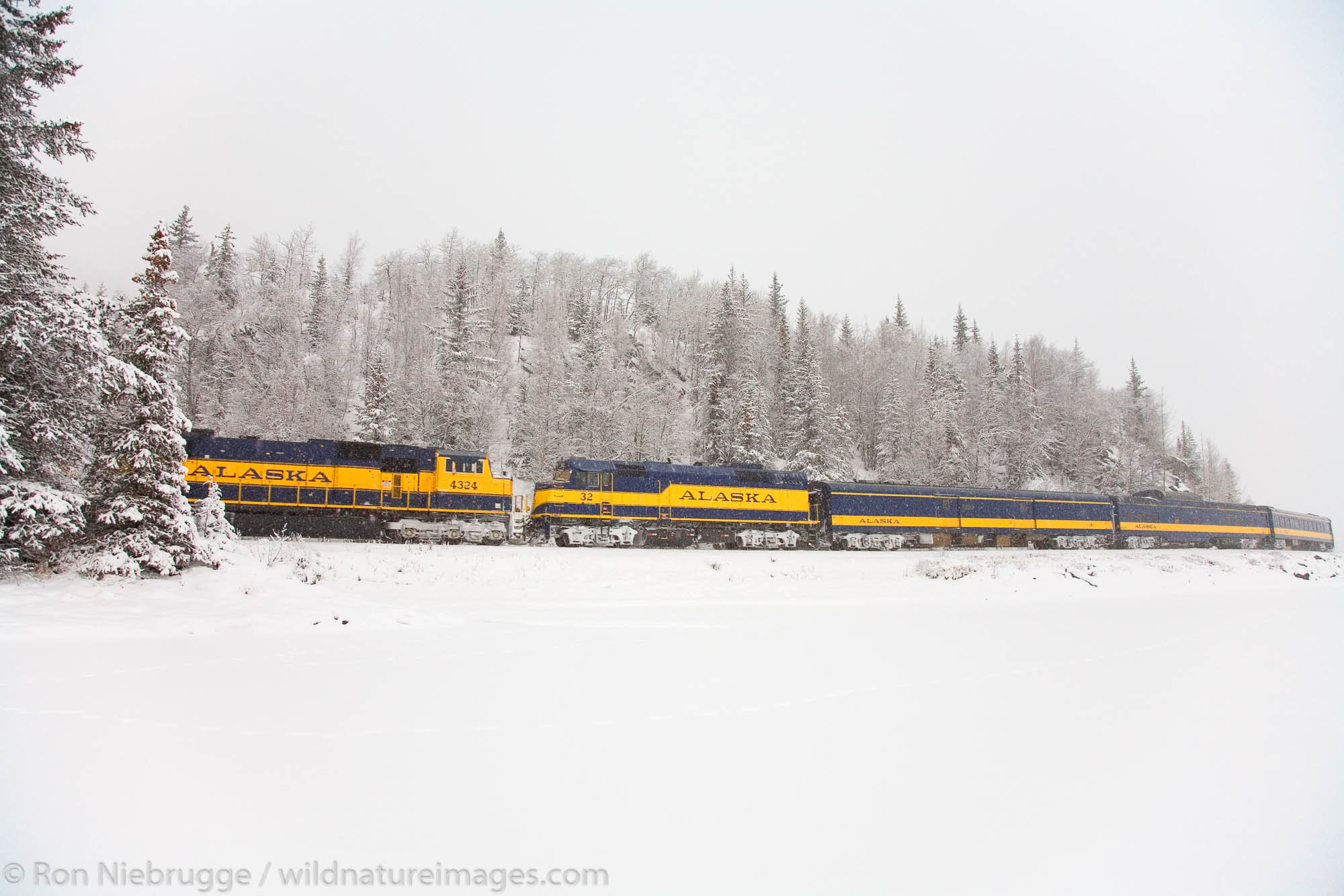 The Alaska Railroad travels along Lower Trail Lake during the winter, Chugach National Forest, Alaska