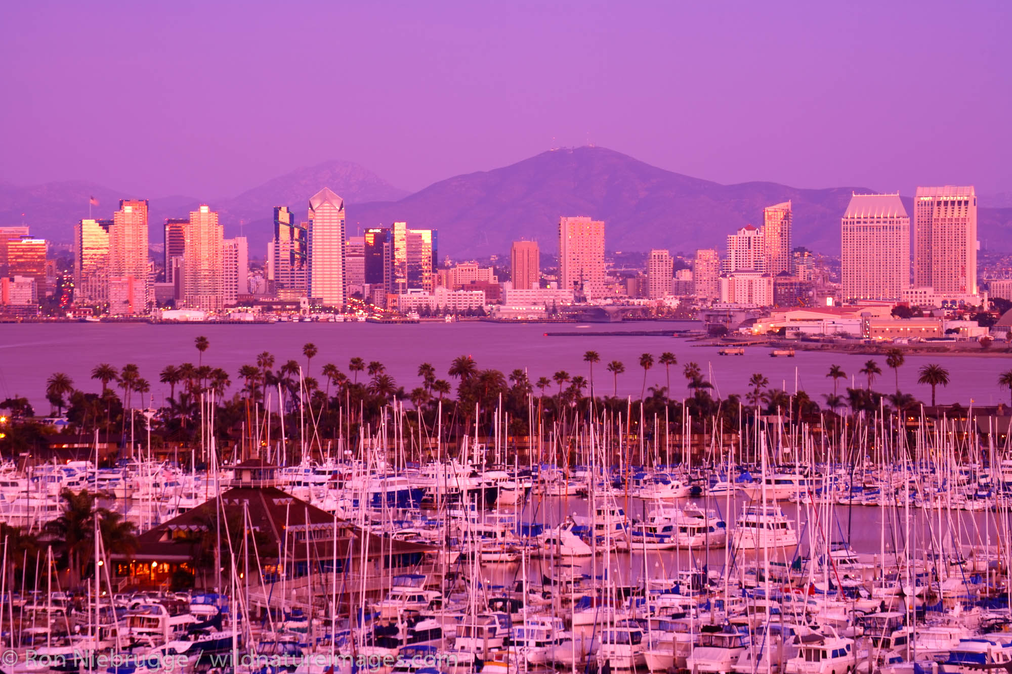 Downtown skyline and Shelter Island at sunset from Point Loma, San Diego, California.