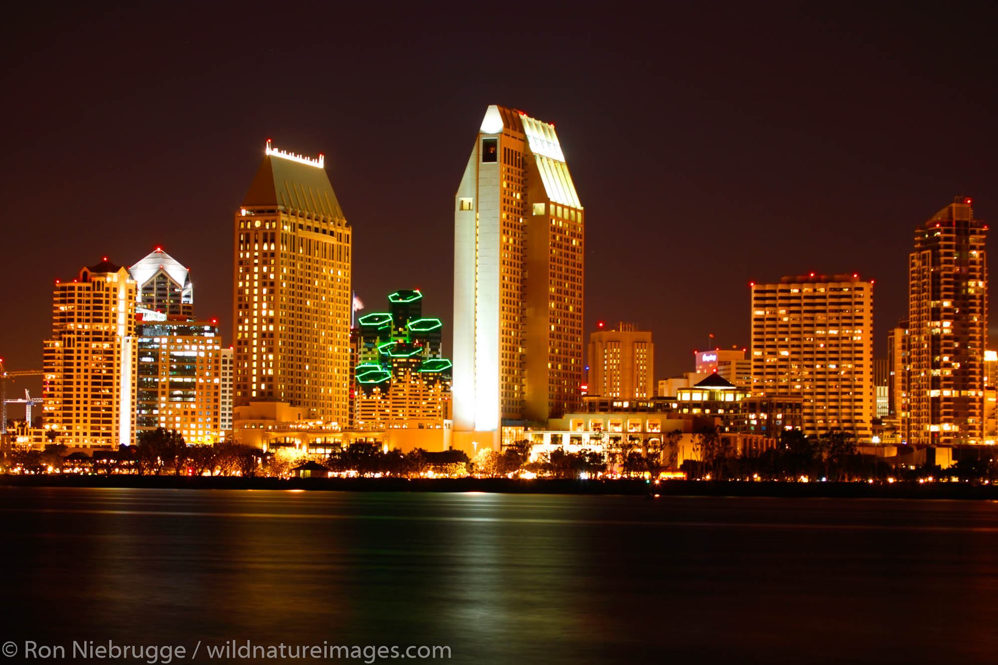 Downtown San Diego skyline at night from Coronado Island, California.