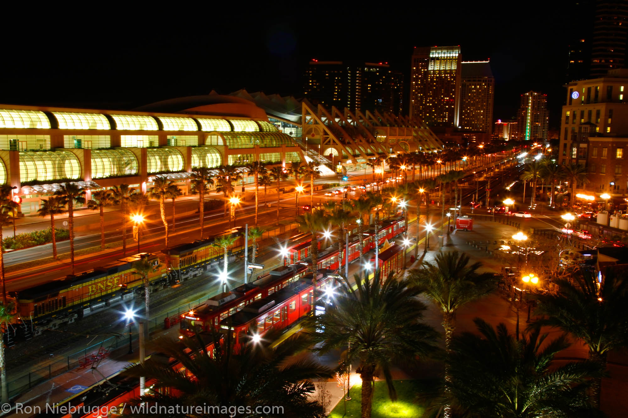 Trains including the Red Line and a BNSF train along with the San Diego Convention Center and the Gaslamp District, downtown...