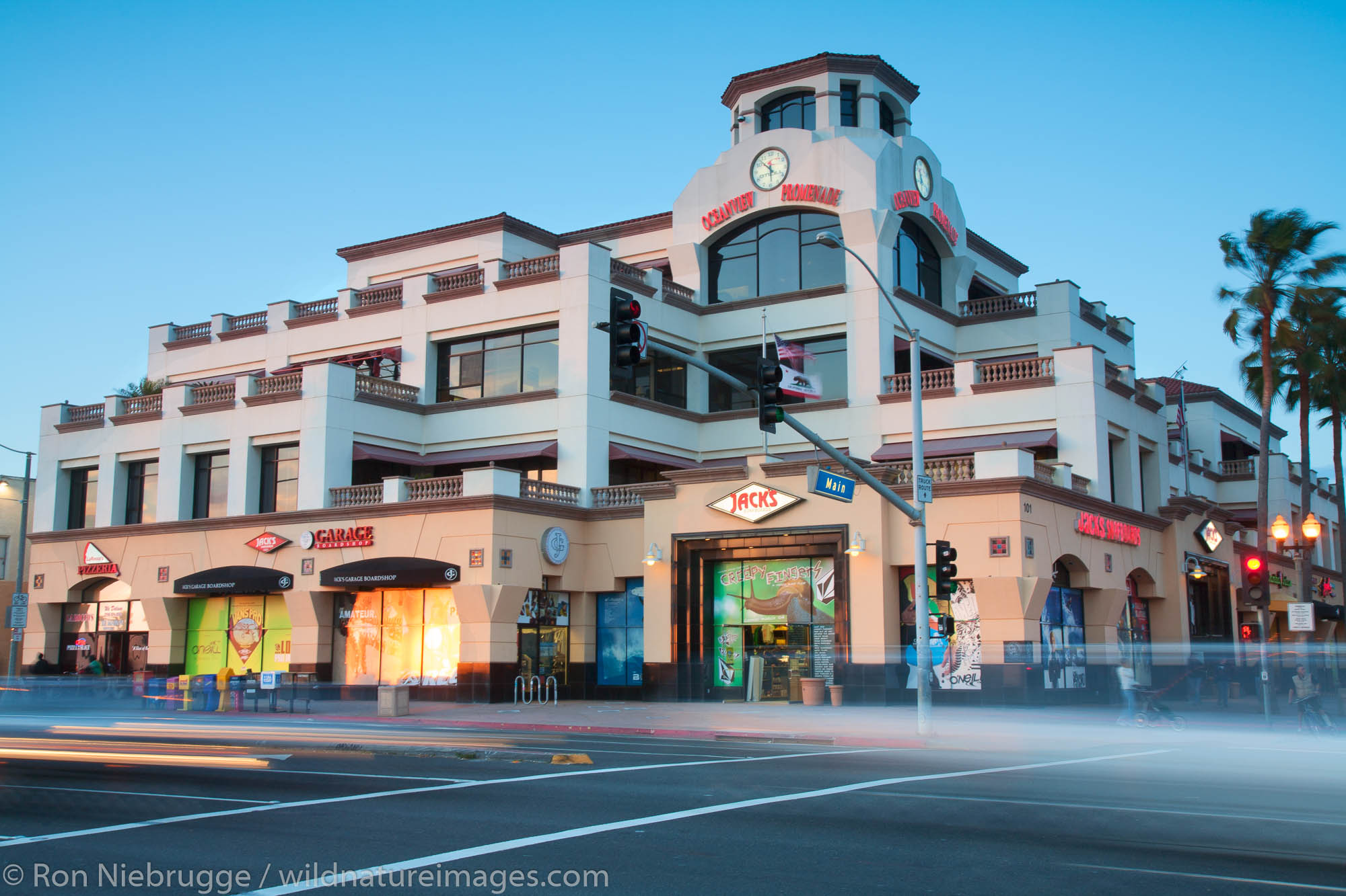 Stores along PCH in Huntington Beach, Orange County, California.