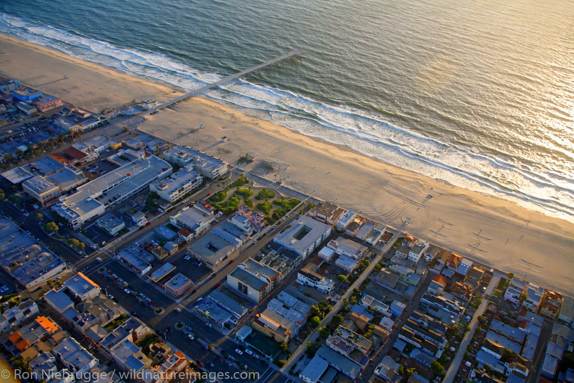 Aerial view of Hermosa Beach and the Hermosa Beach Pier, near Los Angeles, California.