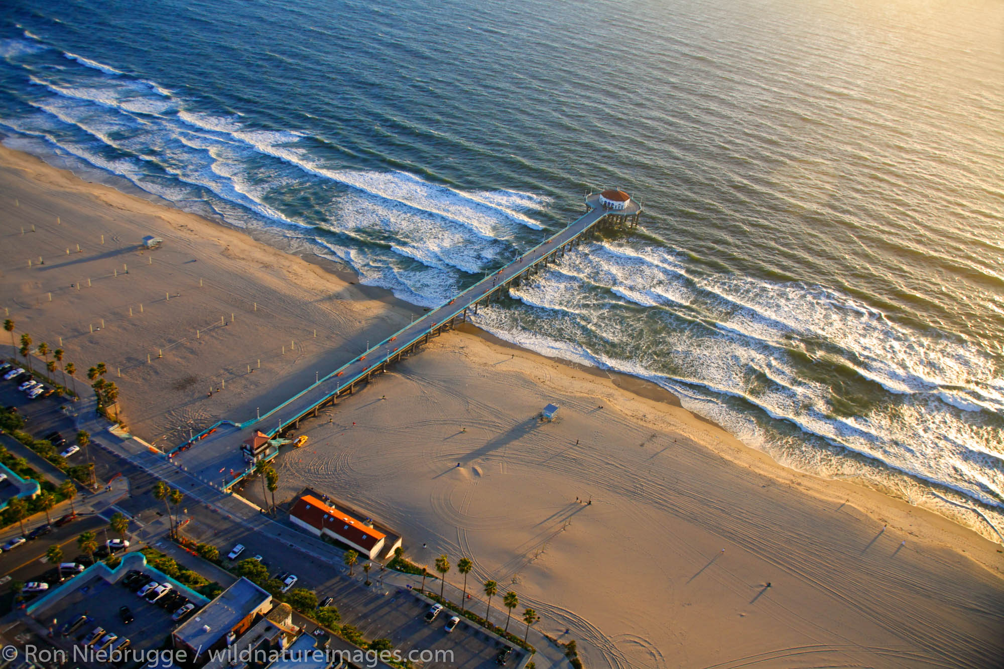 Aerial view of Manhattan Beach and the Manhattan Beach Pier, near Los Angeles, California.
