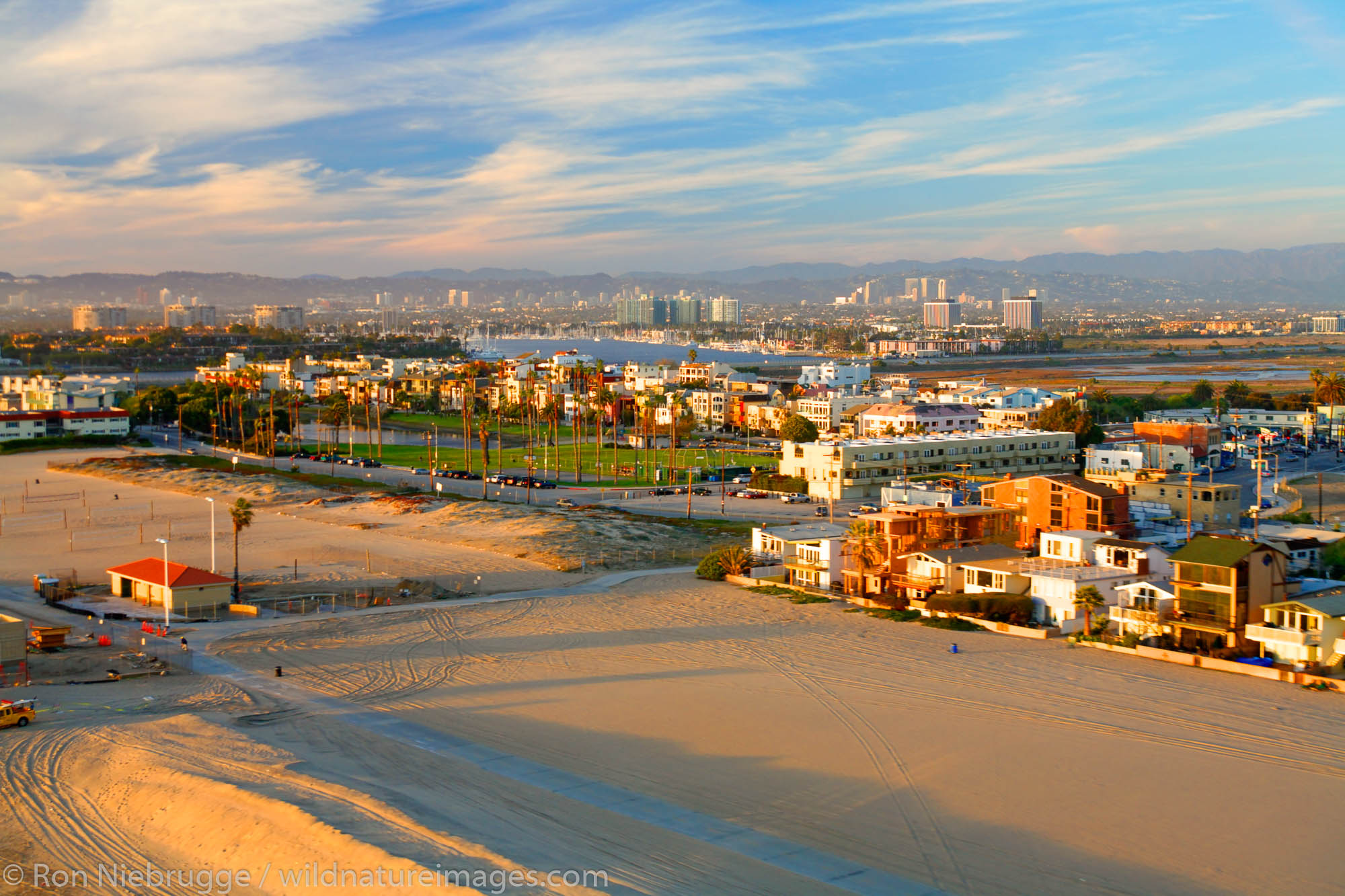 Aerial view of Marina Del Rey and Dockweiler Beach State Park, near Los Angeles, California.