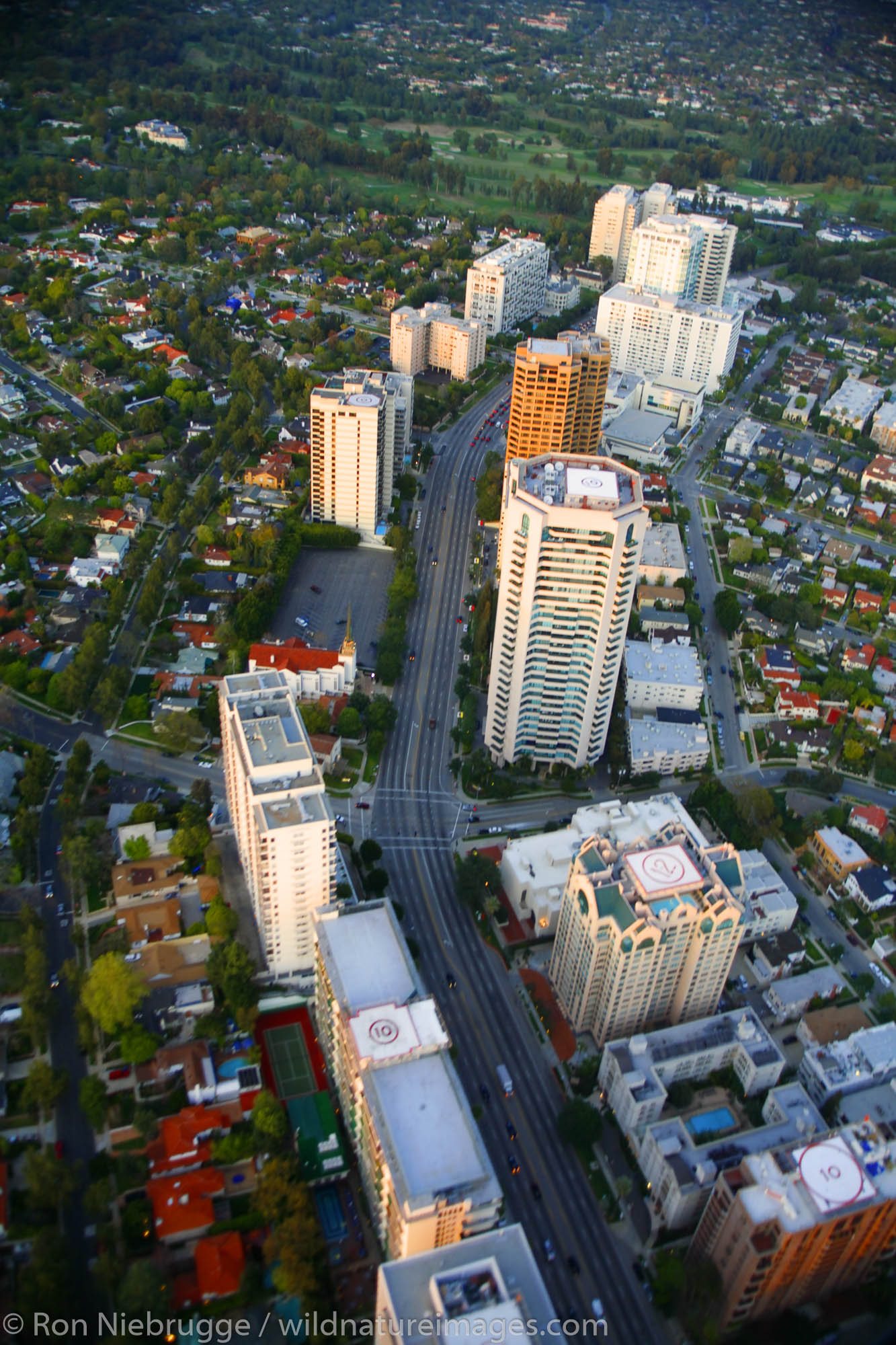 Aerial view of Beverly Hills and Wilshire Blvd, Los Angeles, California.