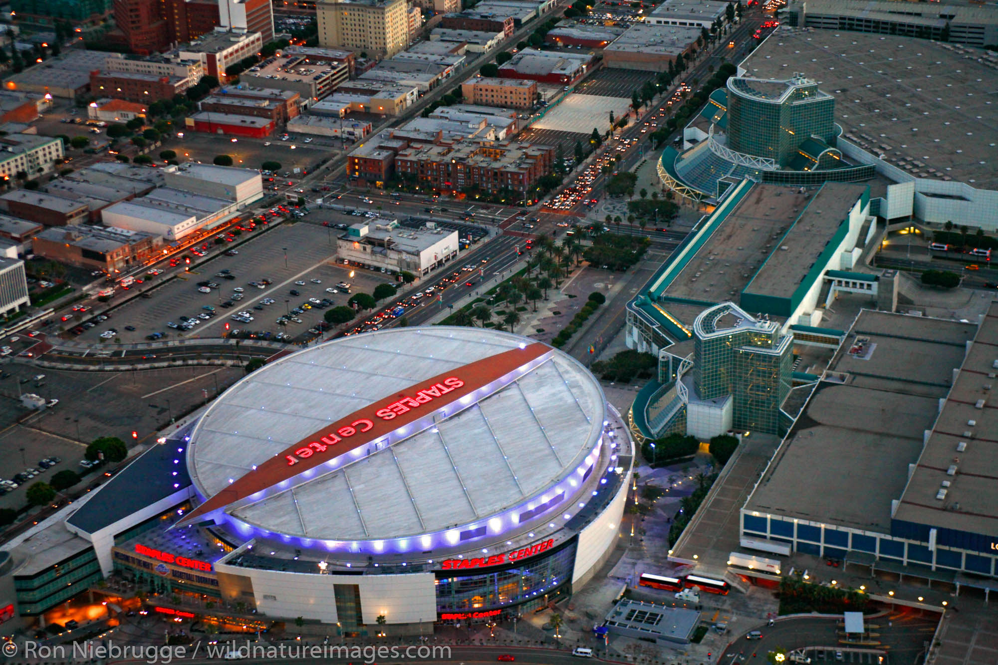 Aerial view of Downtown Los Angeles and the Staples Center, California.