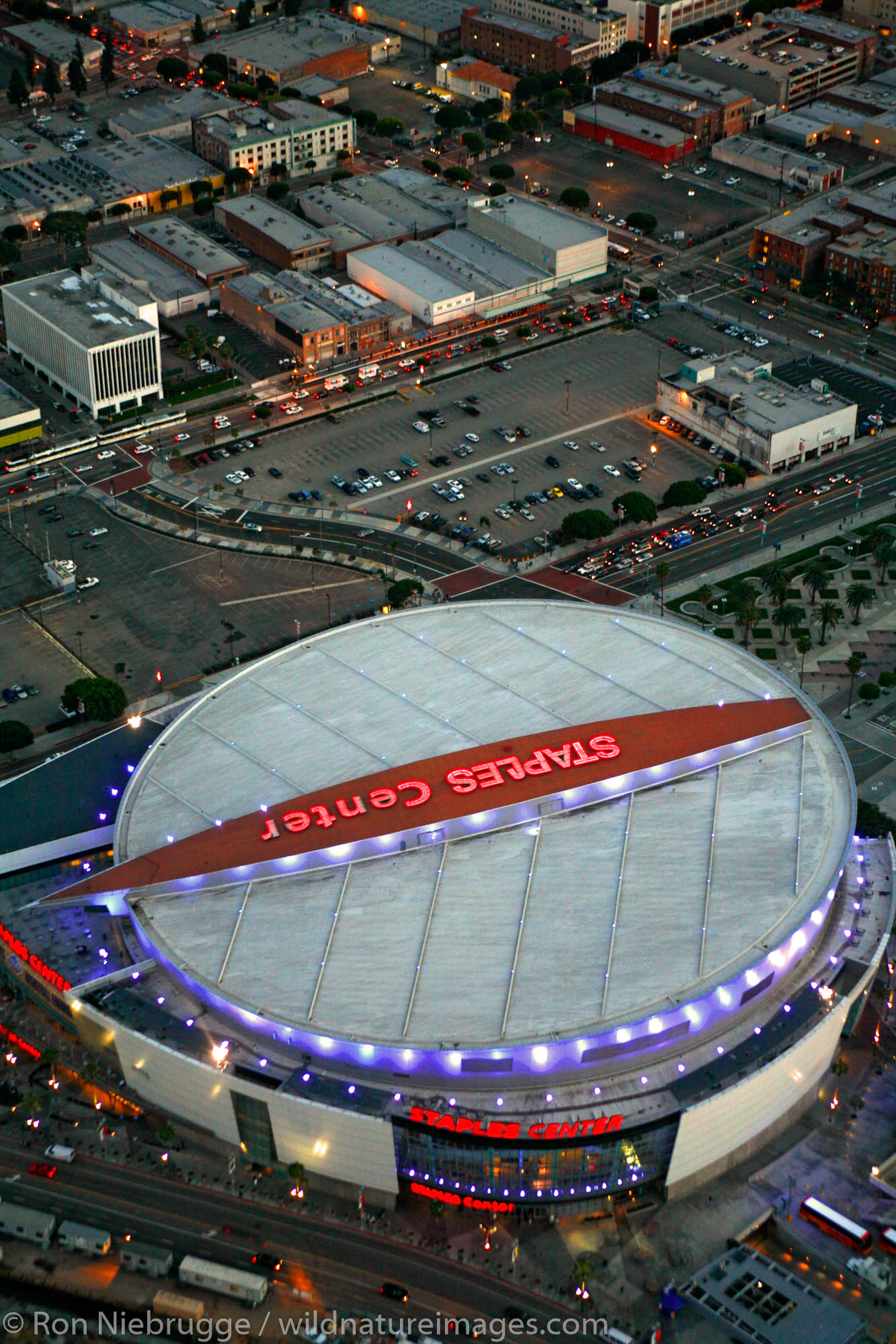 Aerial view of Downtown Los Angeles and the Staples Center, California.