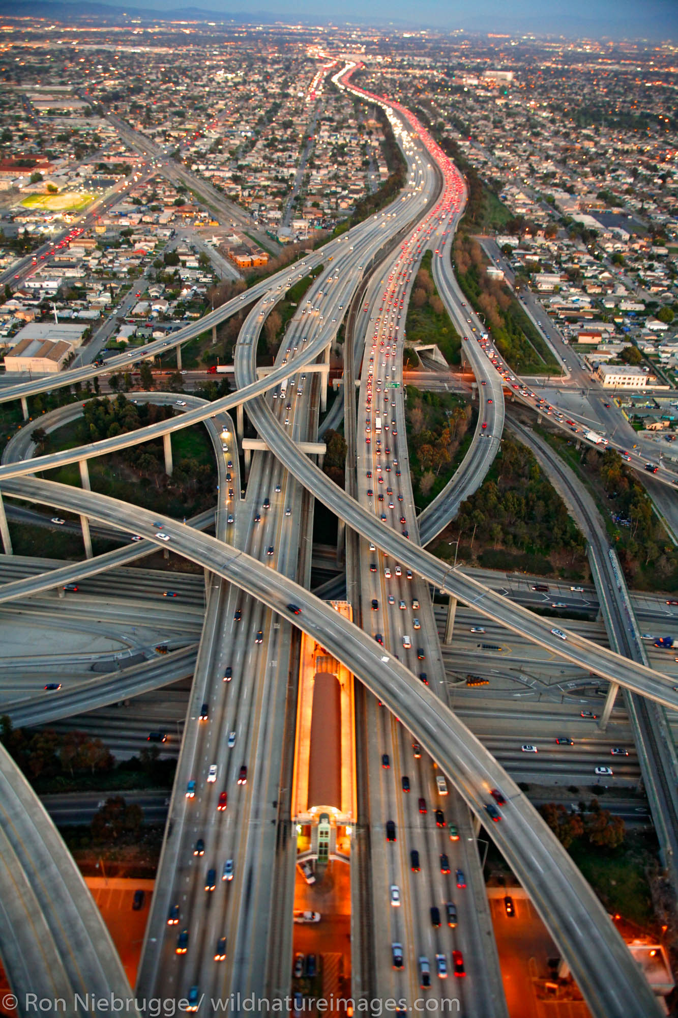 Aerial view of the interchange between the Harbor Freeway 110 and the Glenn Anderson Freeway 105, Los Angeles, California.