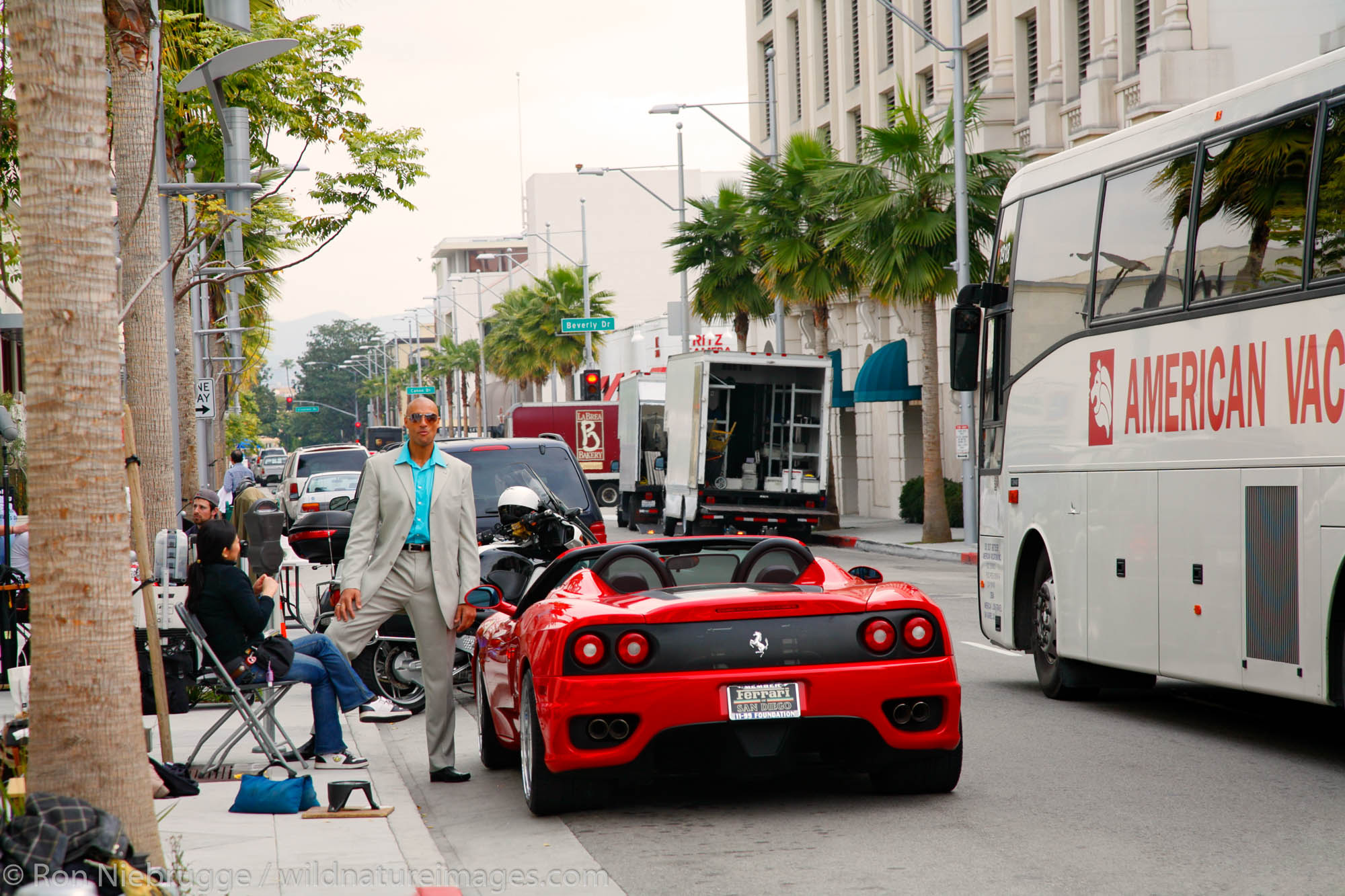 A movie being filmed on Rodeo Drive in Beverly Hills, Los Angeles, California.